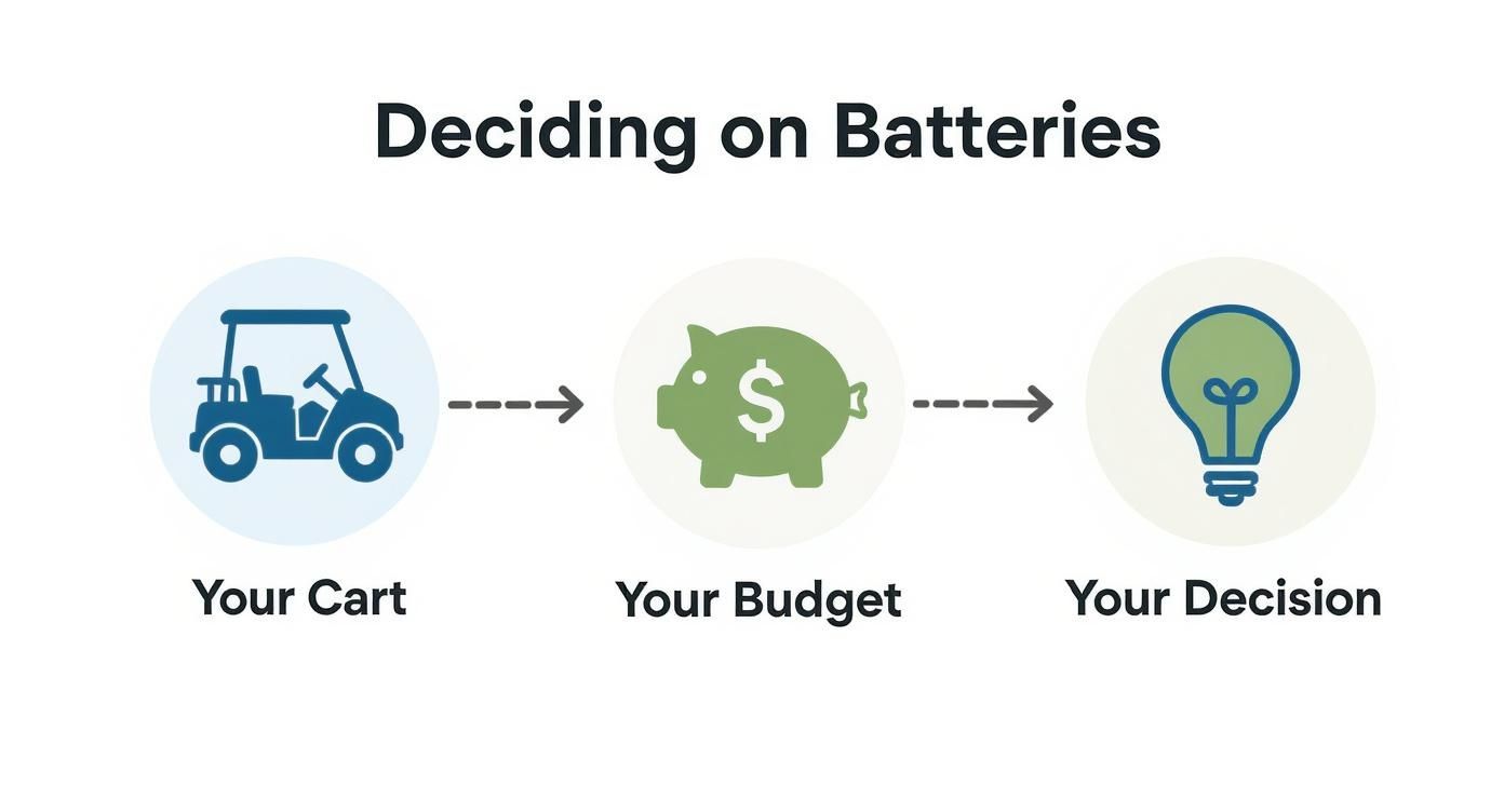 Diagram showing the process of deciding on golf cart batteries based on your cart and budget.