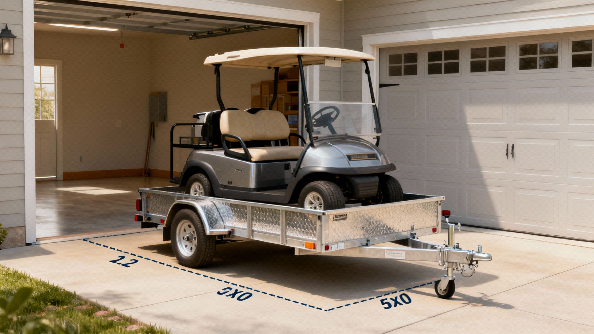 A golf cart being loaded onto a utility trailer for transport