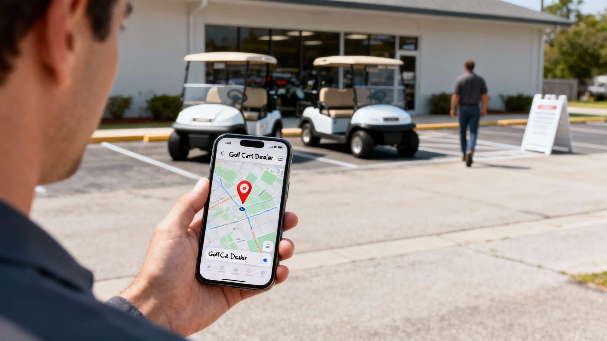 A person holds a smartphone showing a map to a golf cart dealer, with golf carts in the background.