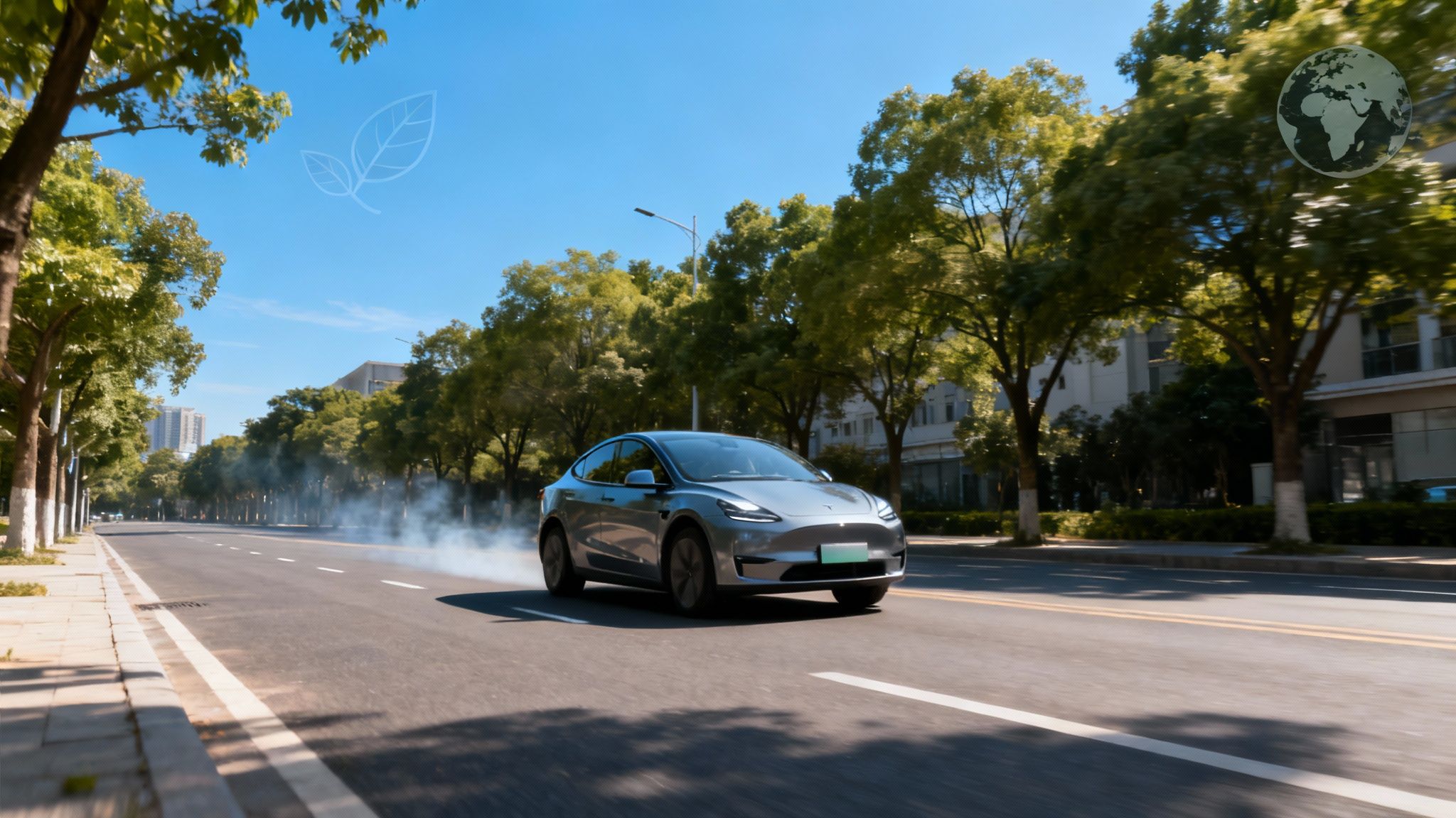 A vibrant forest with a clean road running through it, representing a healthy environment supported by electric vehicles.