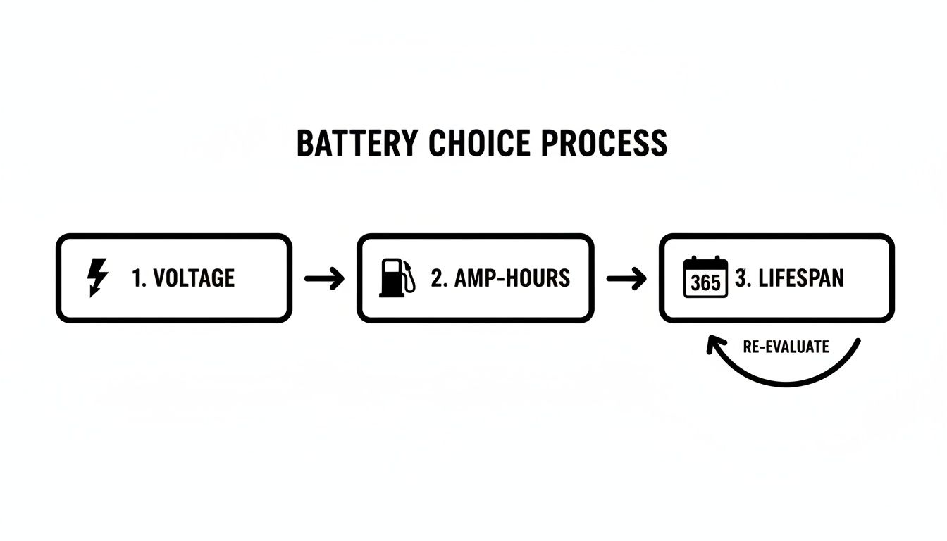 Flowchart illustrating battery choice process: voltage, amp-hours, and lifespan, with a re-evaluate step.