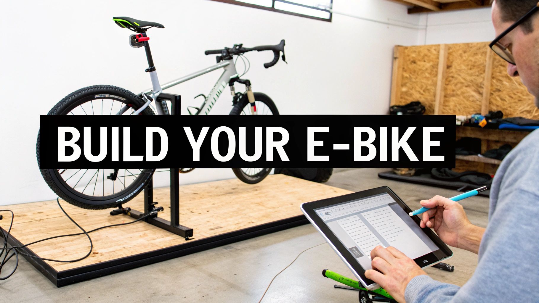 A person customizes an e-bike on a tablet while a bicycle rests on a stand in a workshop.