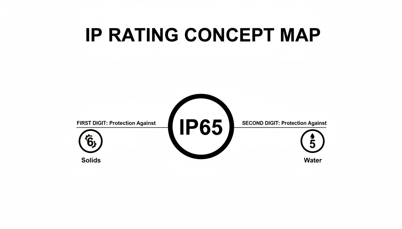 IP rating concept map explaining IP65. First digit (6) protects against solids, second digit (5) against water.