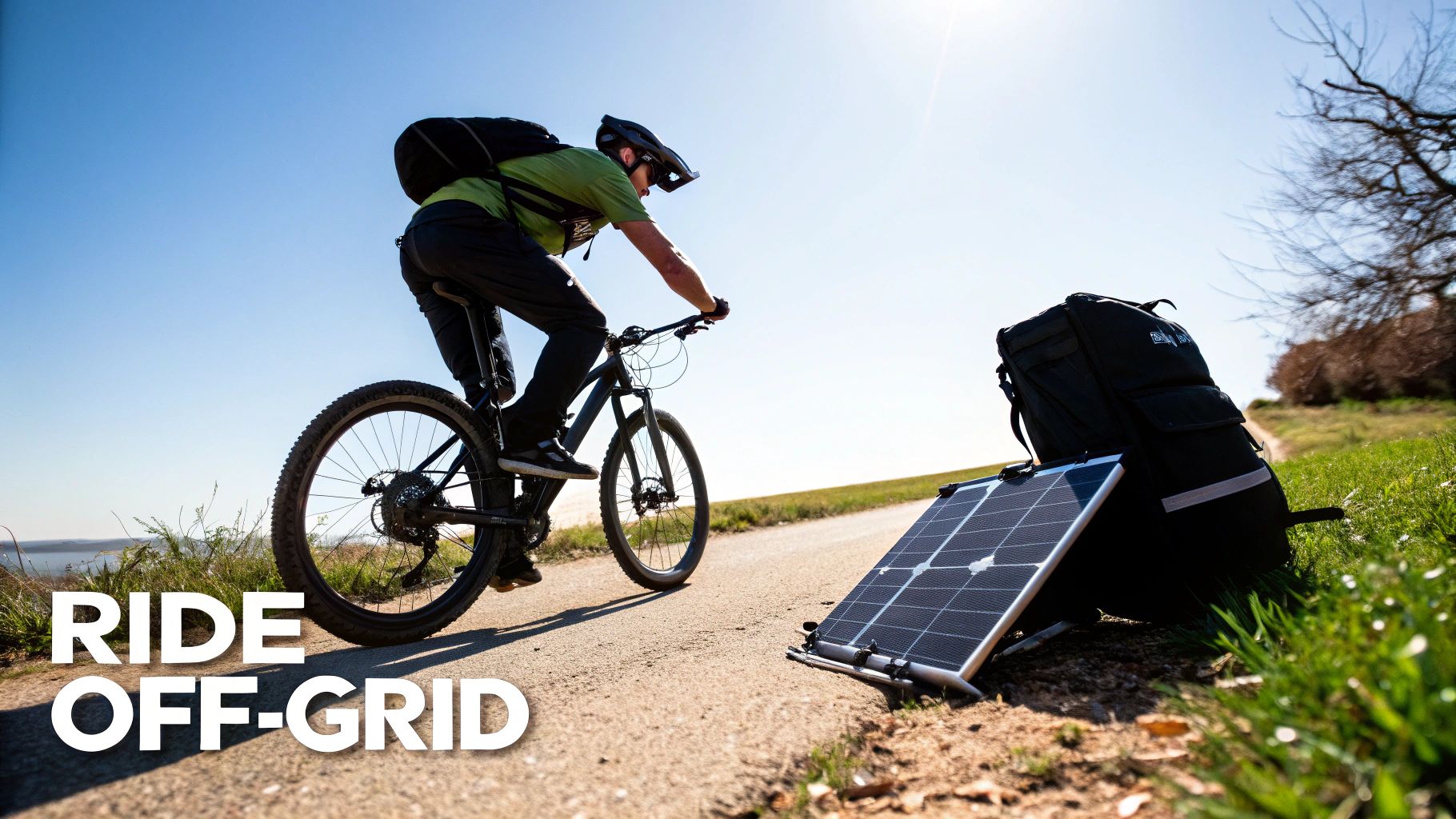 A cyclist rides a mountain bike on a dirt path, with a portable solar panel and backpack.