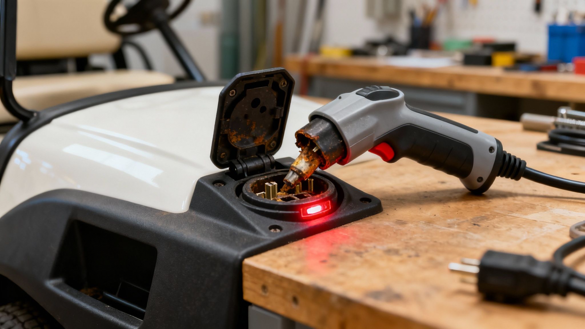 A golf cart plugged into a charging station in a garage setting