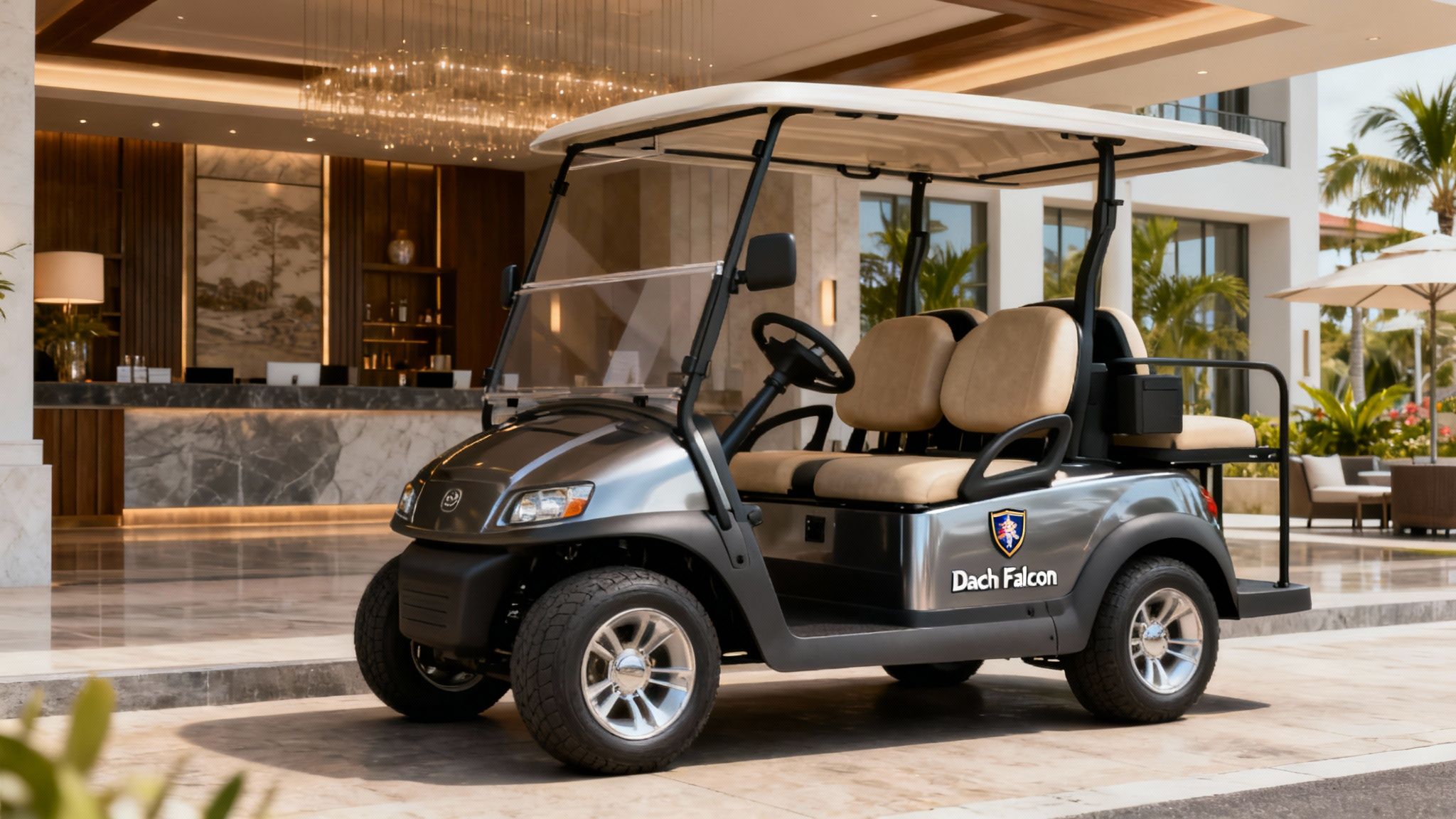 A sleek gray Dach Falcon golf cart with tan seats parked at a luxurious resort entrance.