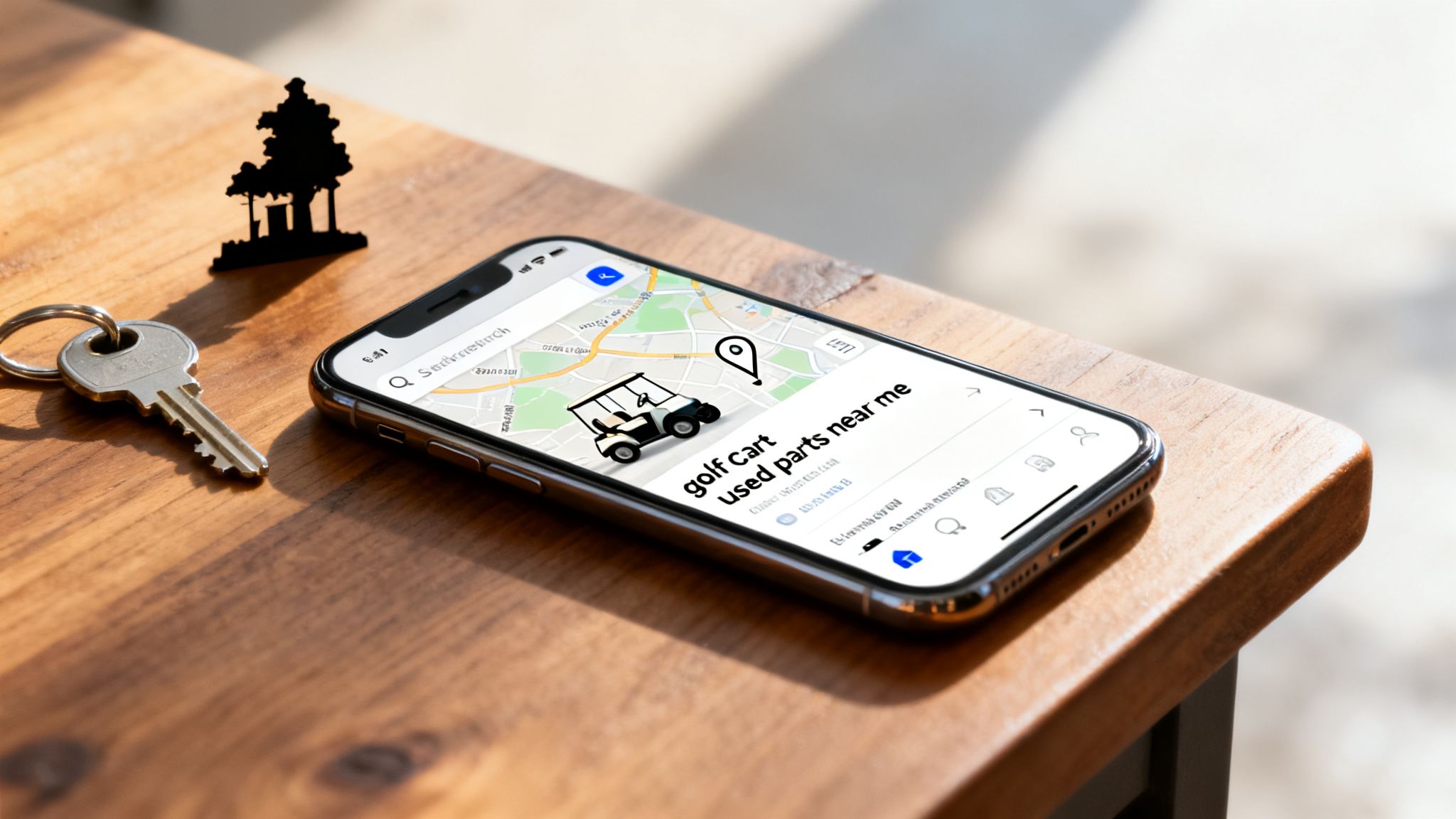 An iPhone displaying a map application searching for 'golf cart used parts near me' on a wooden table.