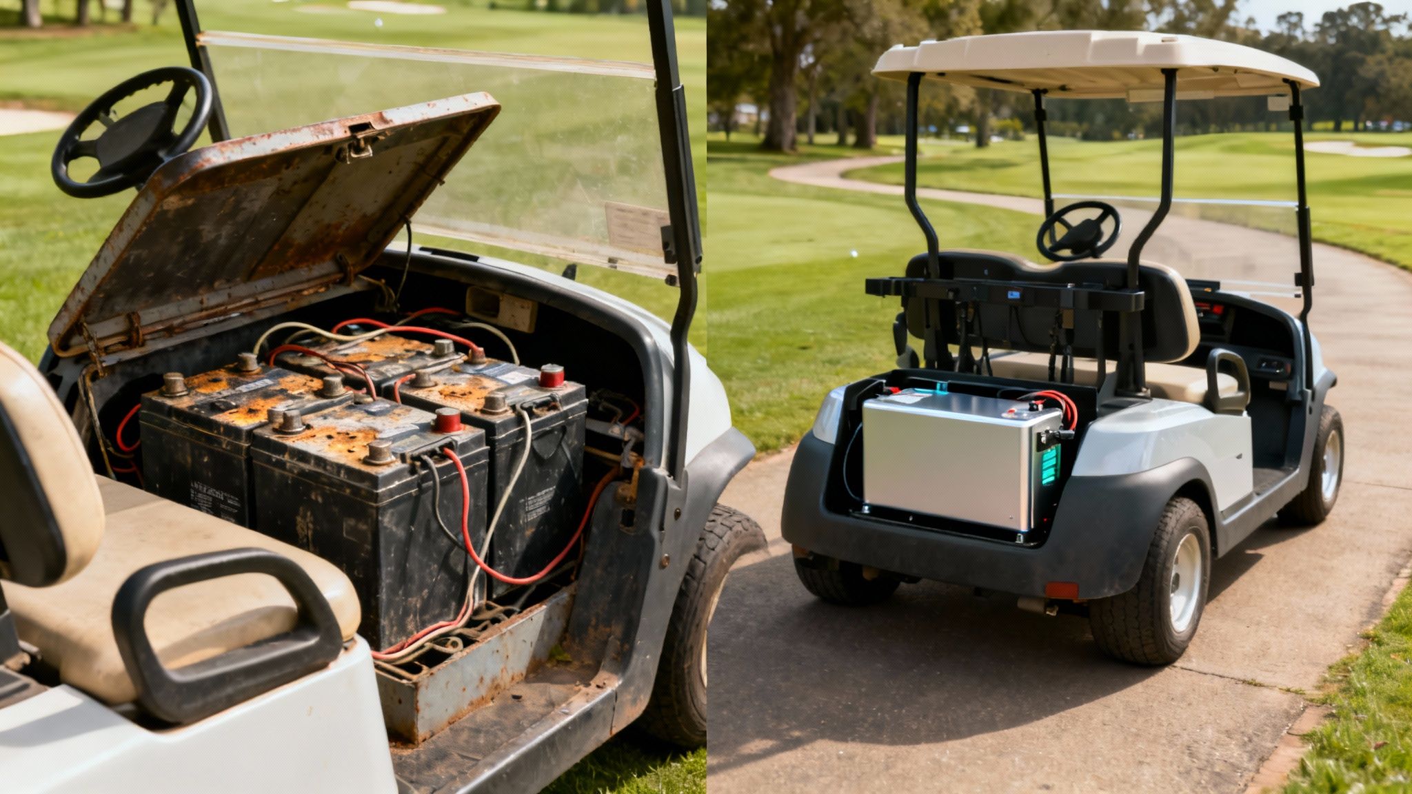 Before and after comparison of golf cart batteries, old lead acid versus new lithium battery
