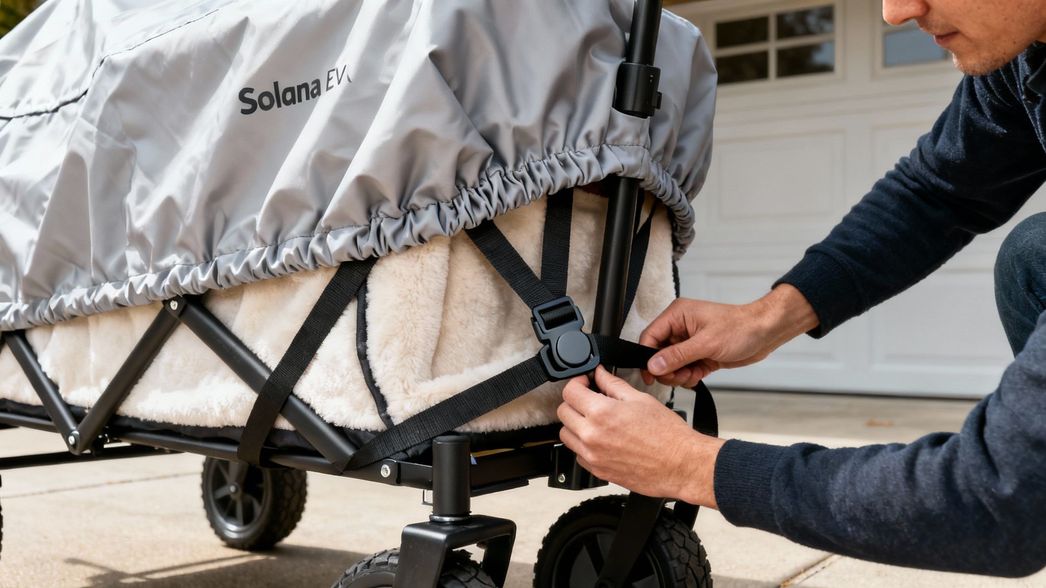 A person's hands are securing a black strap on a grey Solana EV wagon cover with furry lining.