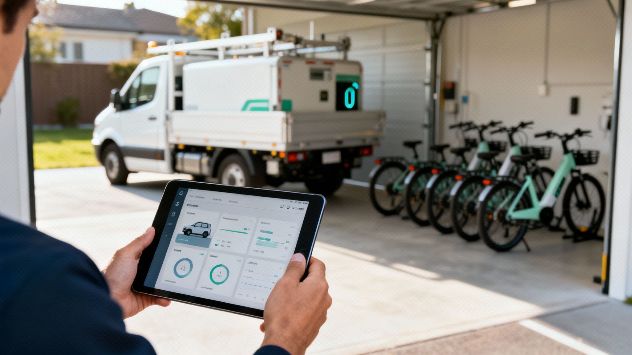 Person uses a tablet to monitor a white utility truck and a fleet of electric bikes in a garage.