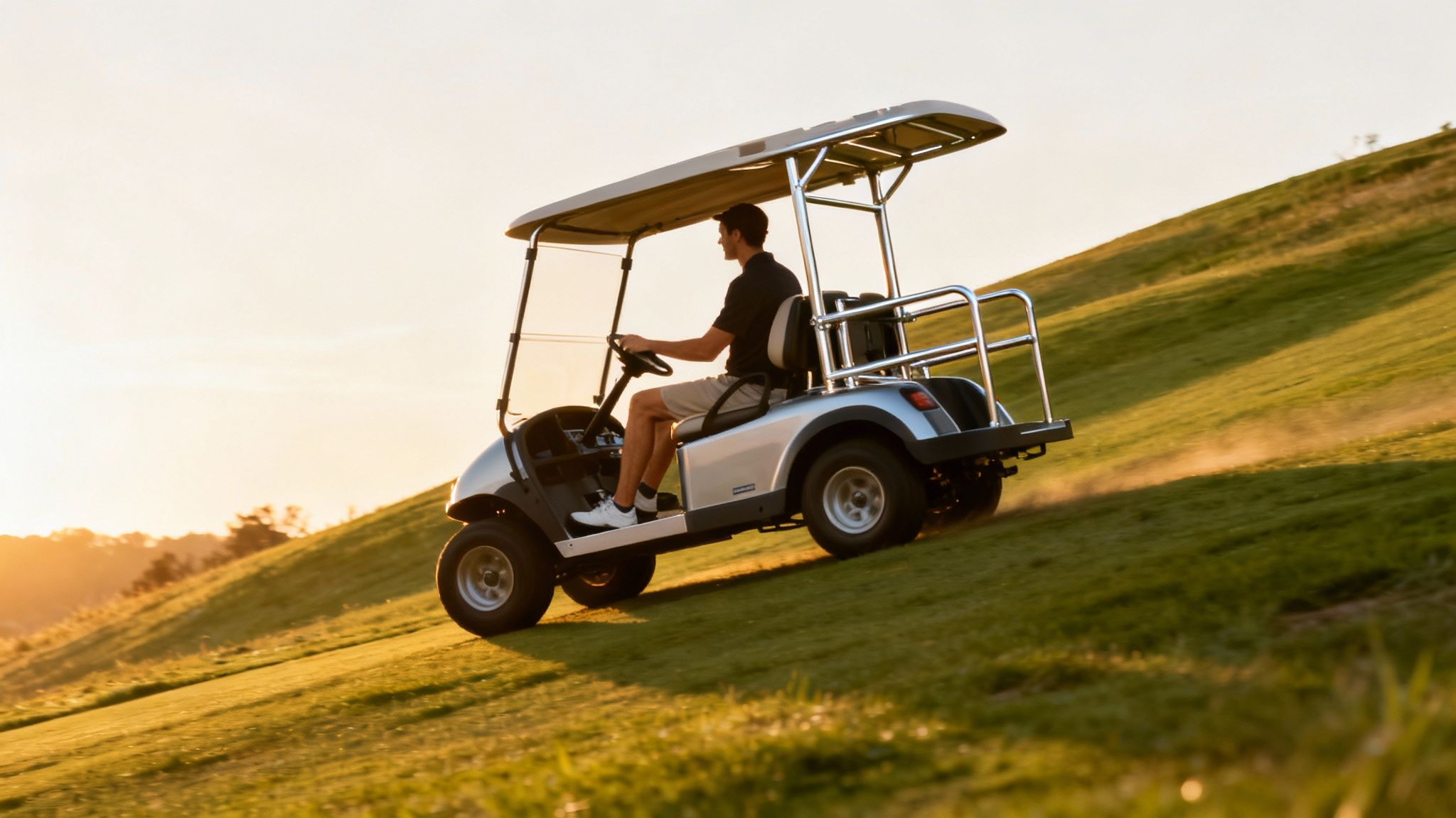 A man drives a silver golf cart up a lush green hill at sunset.