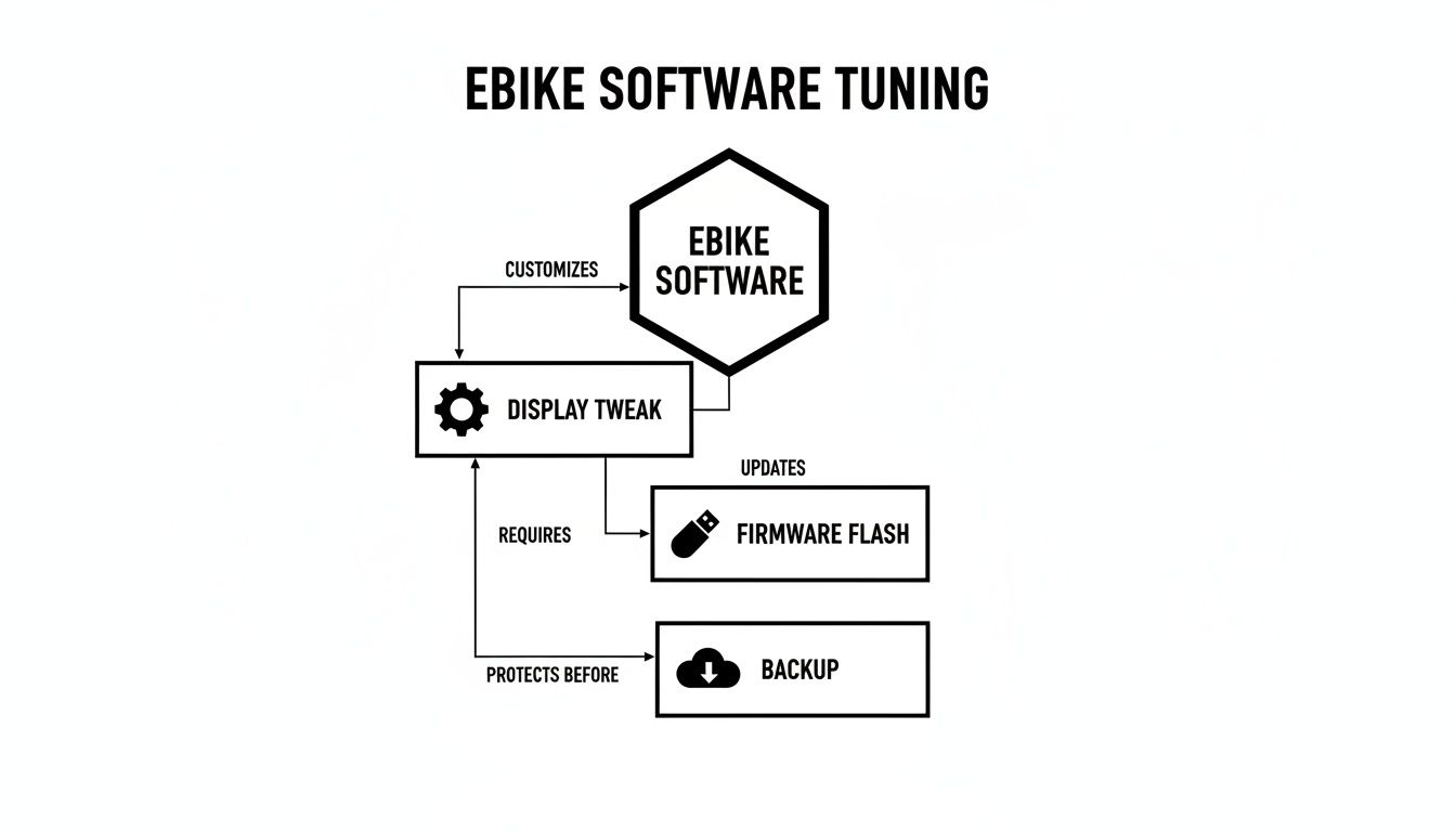 Flowchart illustrating ebike software tuning, customization, firmware flashing, and backup processes.