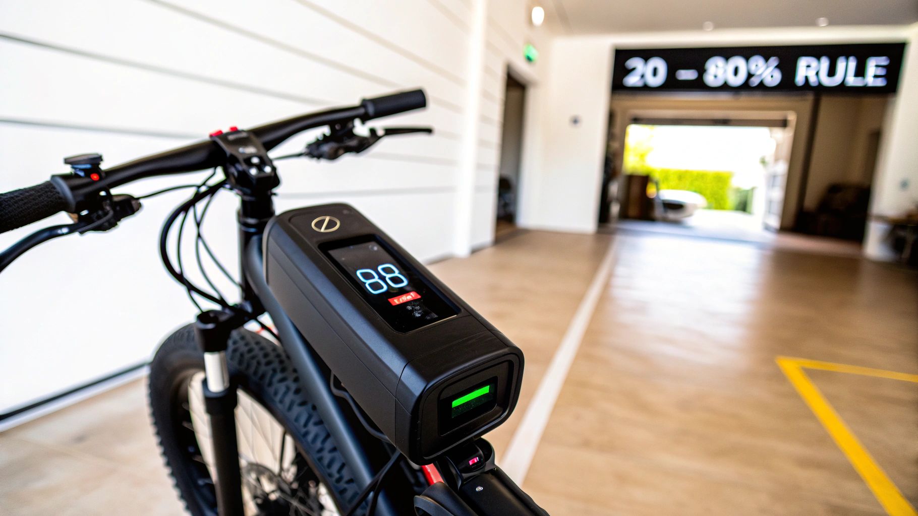 E-bike battery pack and display showing '88' and green charge light, with a '20-80% RULE' sign.
