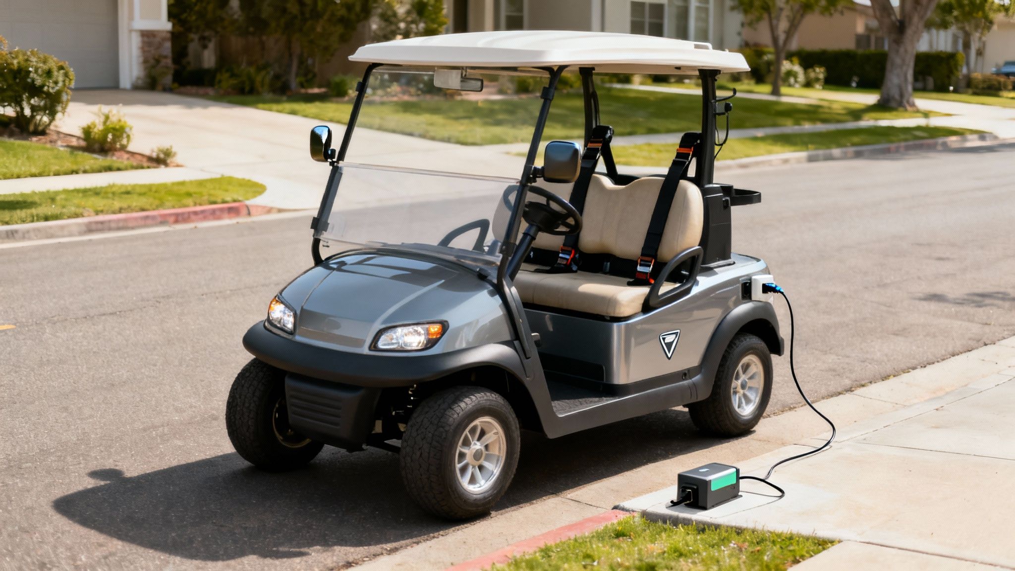 A modern, street-legal electric golf cart parked near a beach