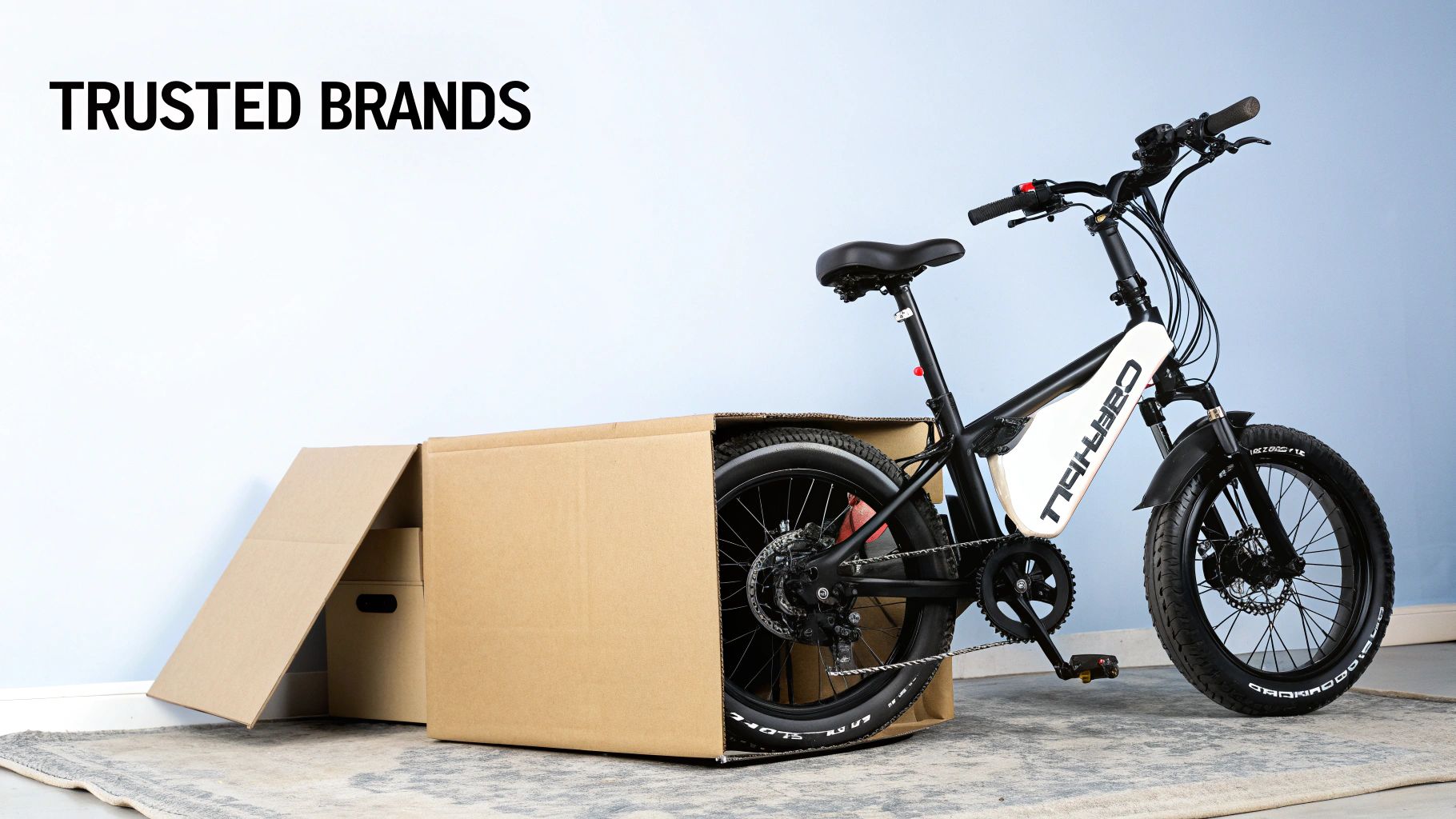 An unboxed white and black electric bike with fat tires next to a cardboard box, text 'TRUSTED BRANDS'.