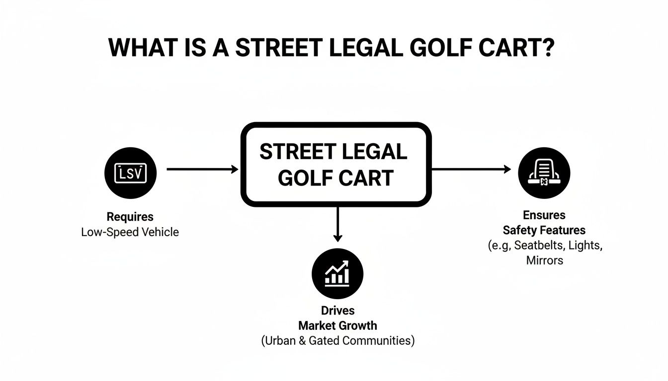 Diagram illustrating a street legal golf cart, detailing its LSV requirement, safety features, and market growth.