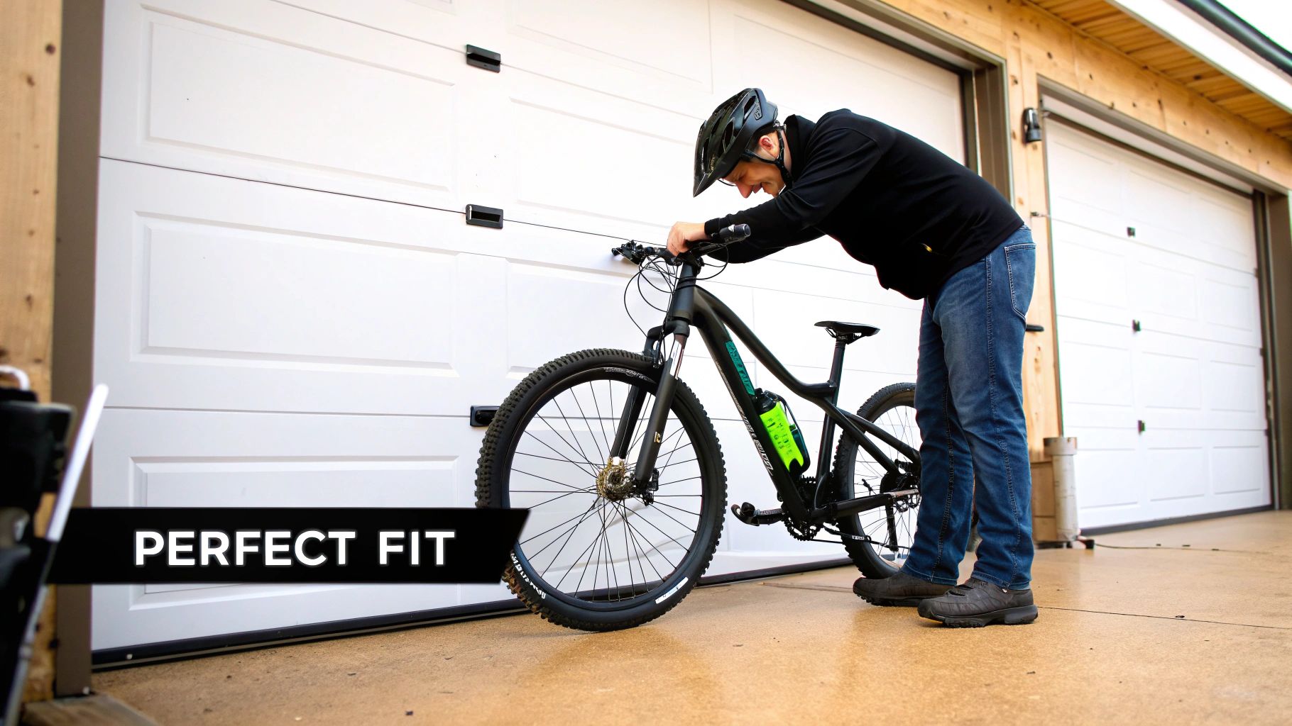 A man in a helmet leans over a black mountain bike with a green water bottle, in front of a white garage.