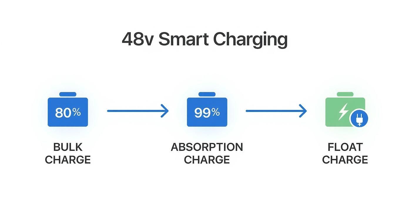 Infographic showing the three stages of a smart 48V golf cart charging process Bulk, Absorption, and Float.