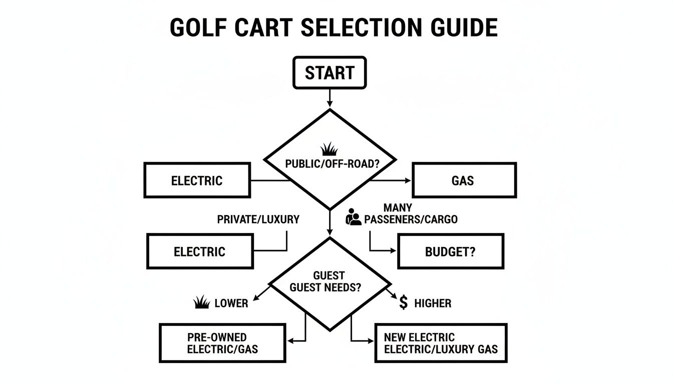 Flowchart guiding golf cart selection based on public/off-road use, private/luxury needs, and budget.