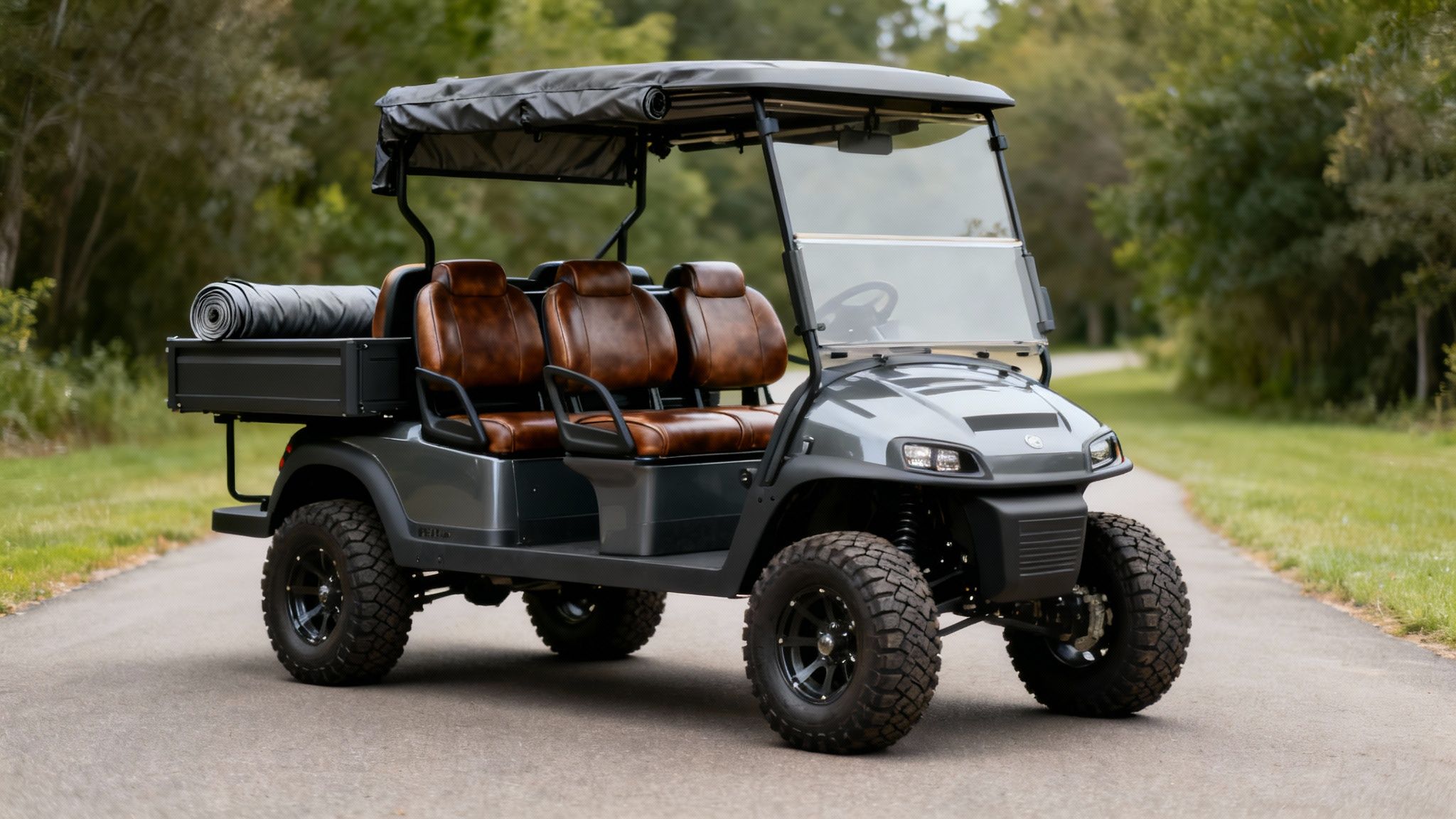 A customized 6 seat golf cart with premium seats, a lift kit, and an audio system parked in a scenic location.