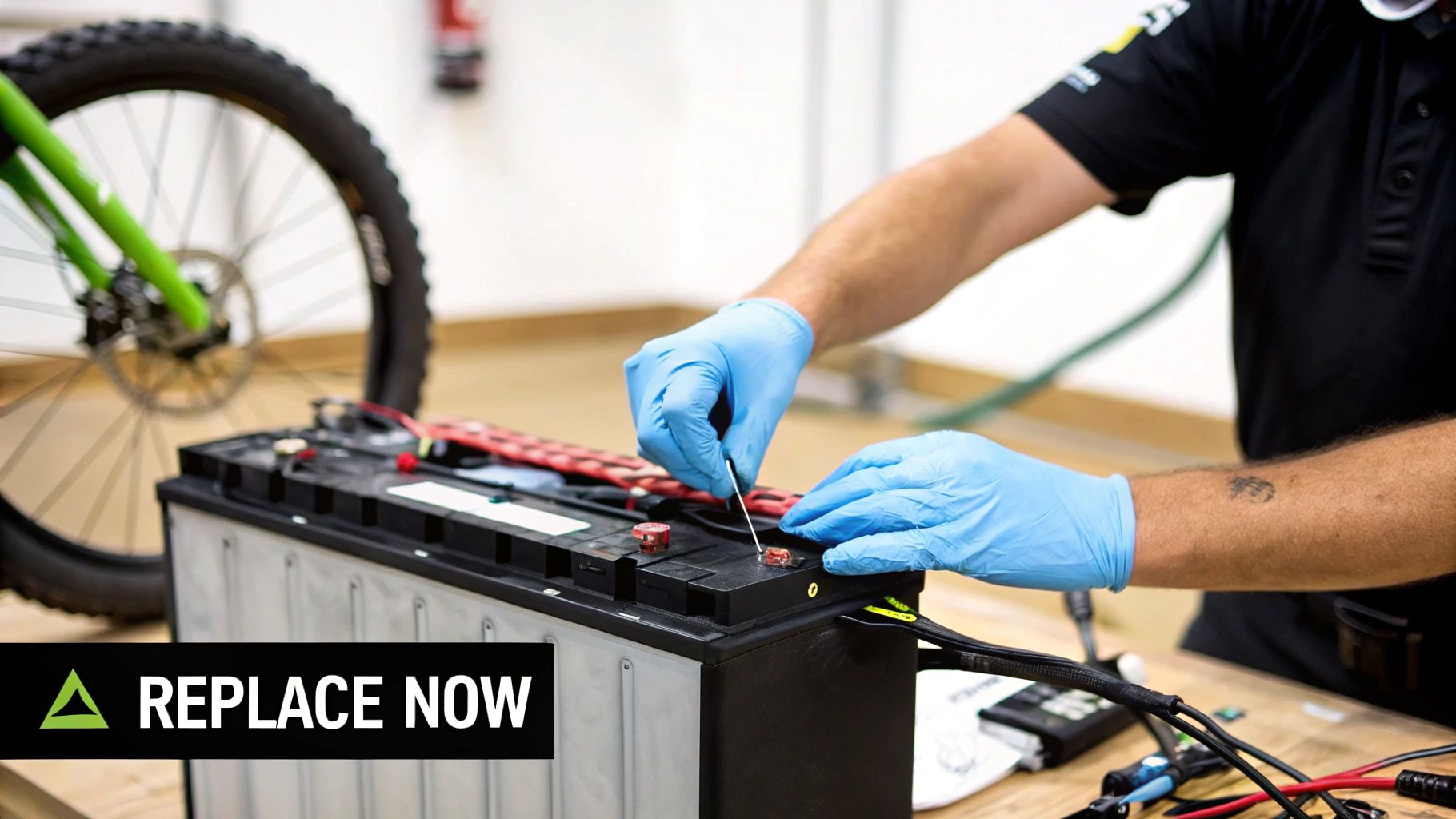 A technician wearing blue gloves actively works on a large e-bike battery pack, with an e-bike wheel in the background.