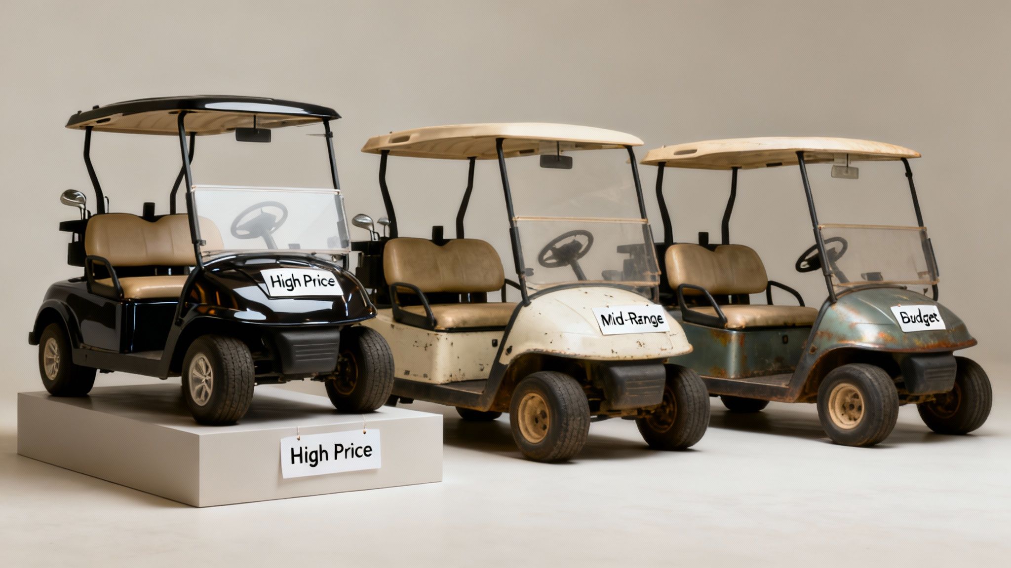 Man smiling while working on a golf cart in a workshop