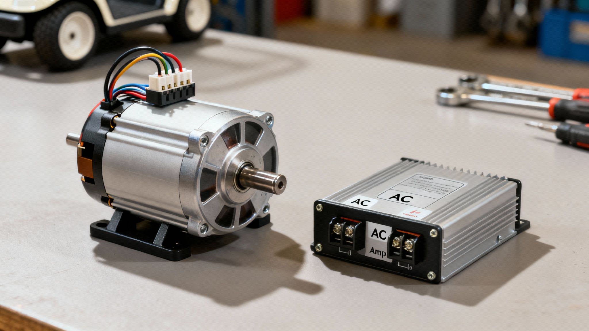 A line of electric golf carts with a focus on their battery compartments