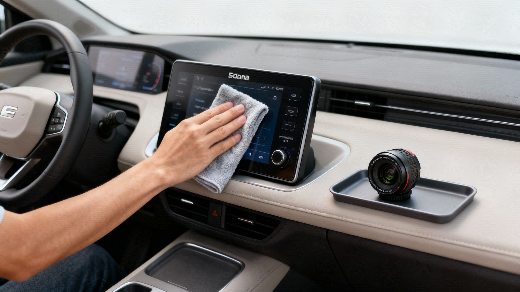 A hand gently cleans a car's infotainment touch screen with a gray microfiber cloth, while a camera lens rests nearby.