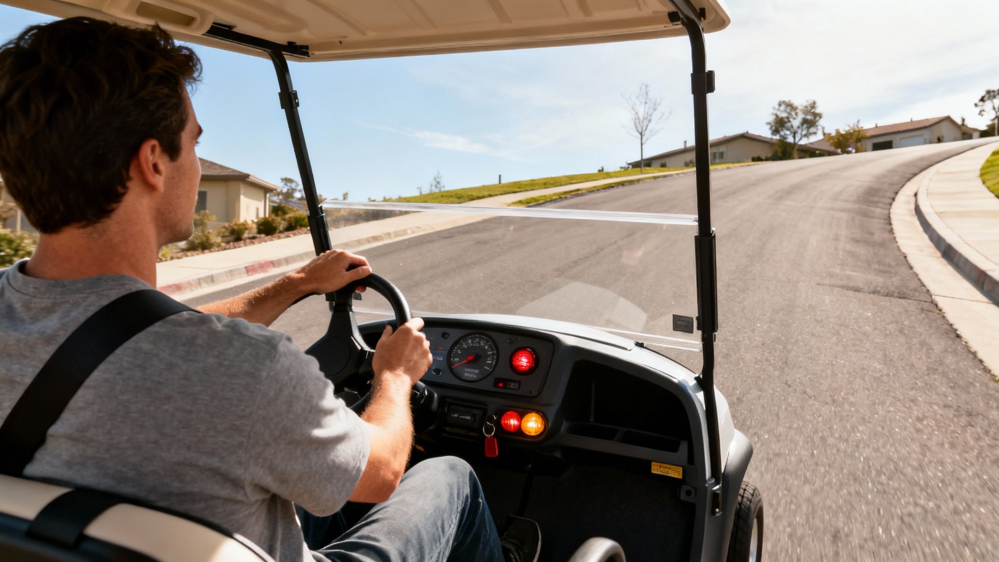 Over-the-shoulder view of a man driving a white golf cart up a residential street.