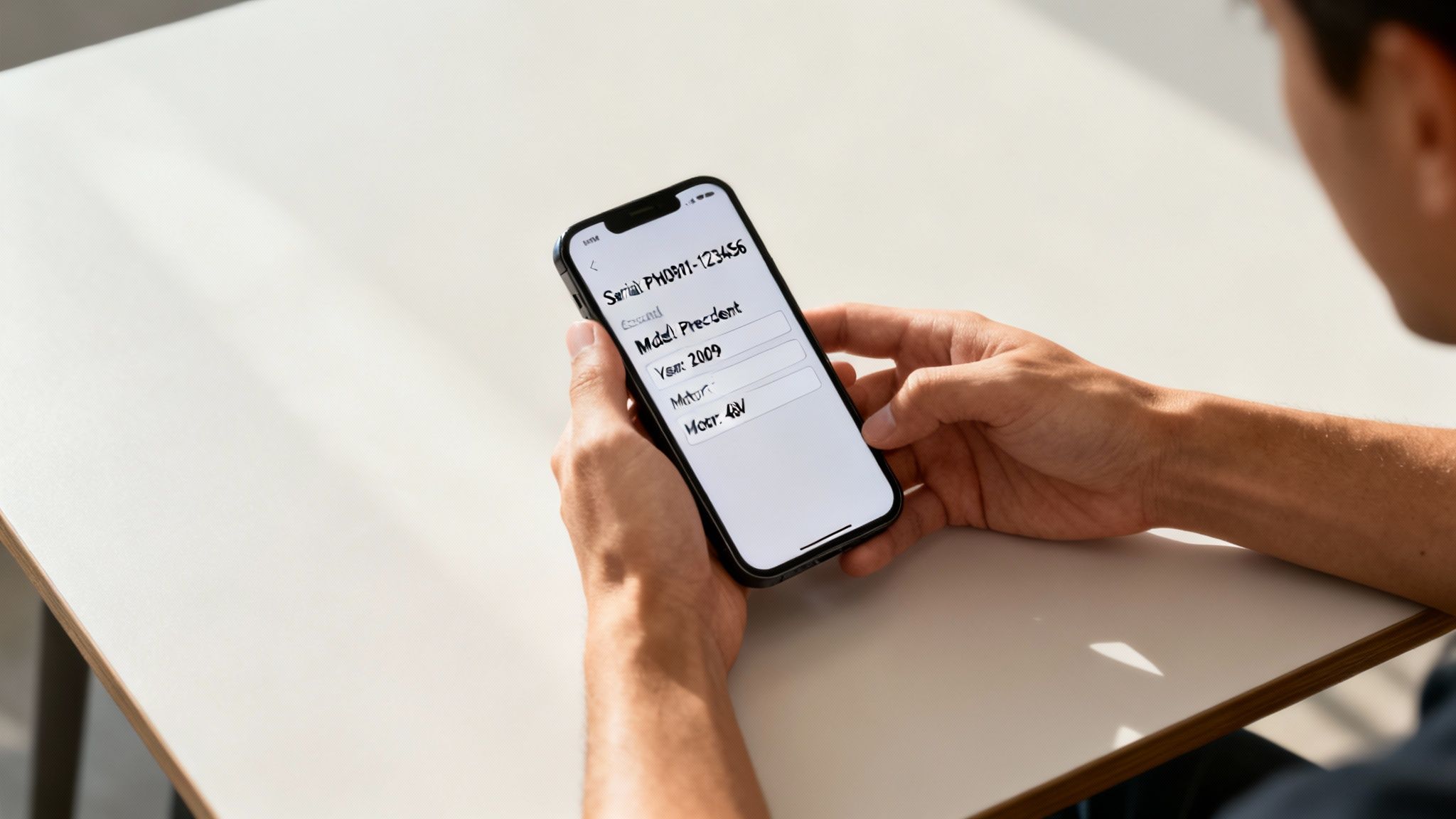 Hands holding a smartphone displaying golf cart serial number, model, year, and motor specifications.