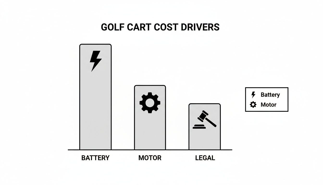 Bar chart showing golf cart cost drivers: Battery, Motor, and Legal. Battery is the largest cost factor.