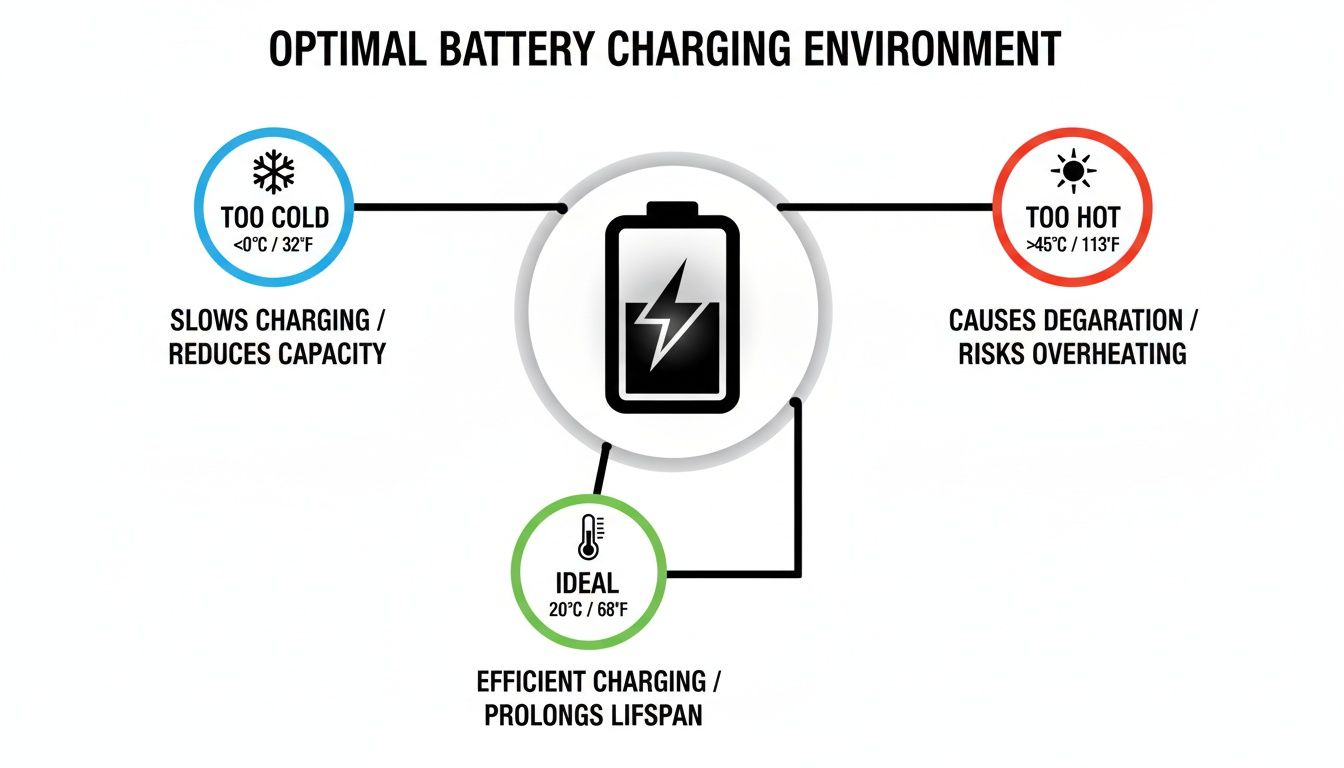 Infographic detailing optimal battery charging temperatures for efficiency and lifespan, and risks of extreme heat/cold.