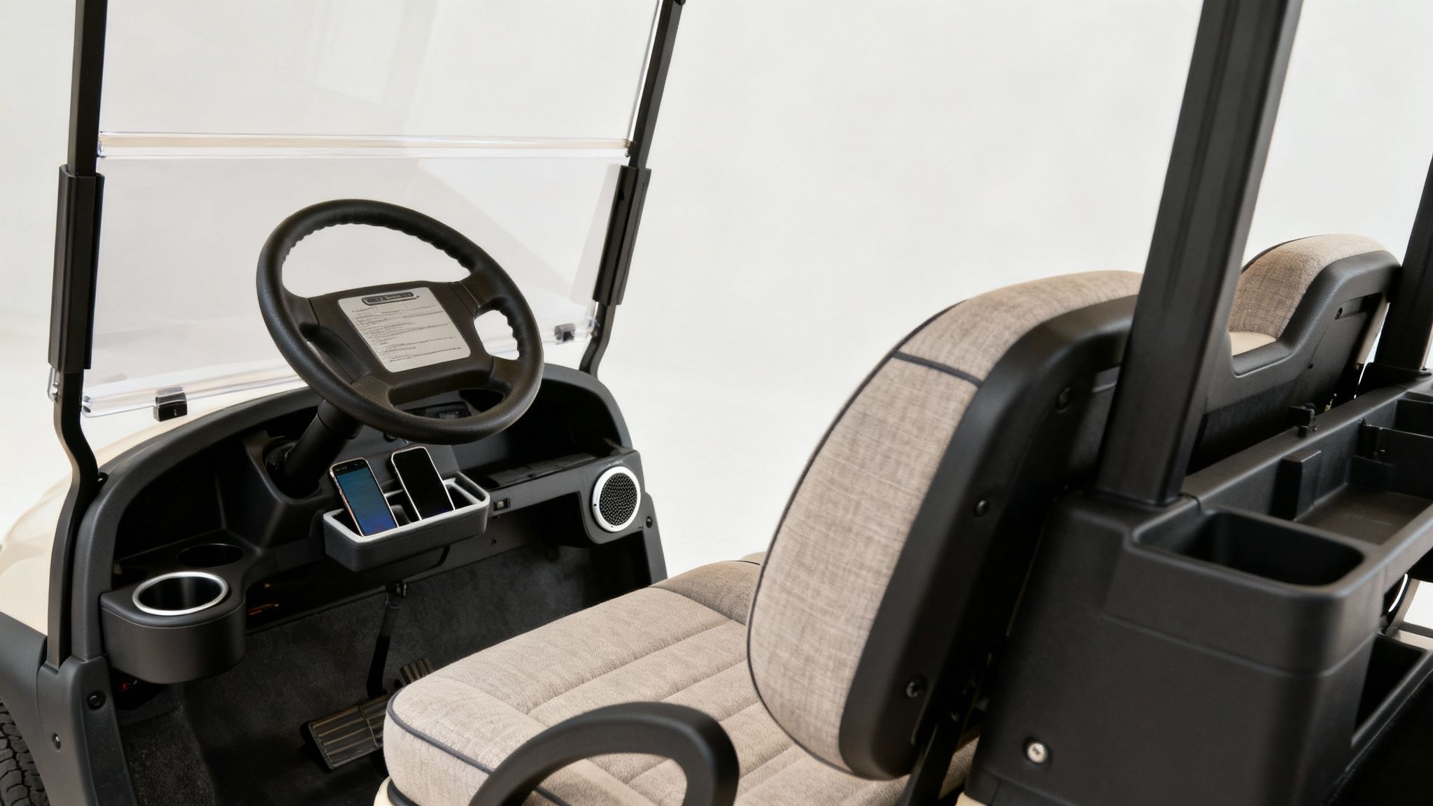 A comfortable, customized interior of a Solana EV golf cart, showcasing premium seats and a modern dashboard.