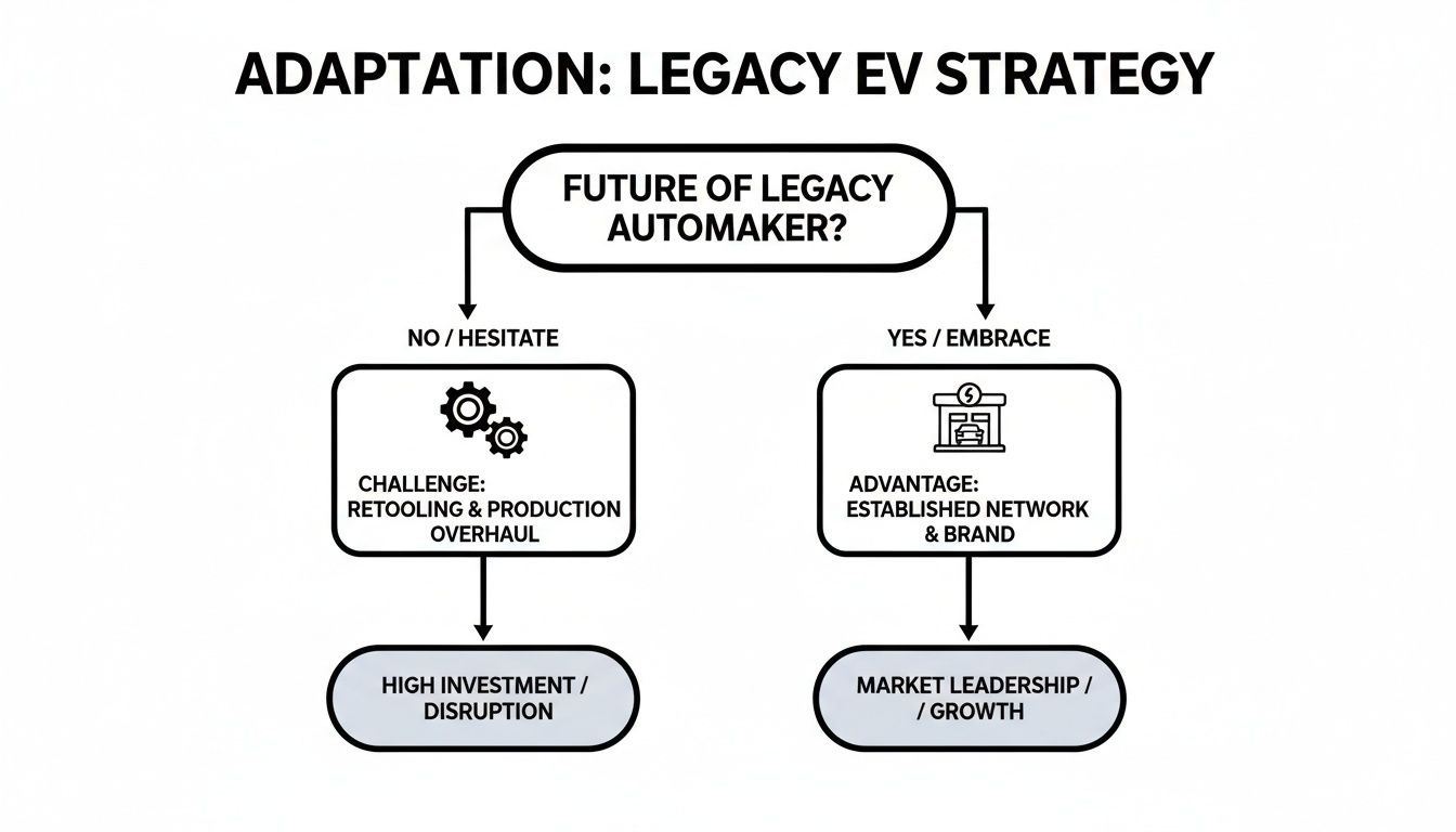 Flowchart illustrating strategic choices for legacy automakers adapting to electric vehicle production, showing challenges and advantages.