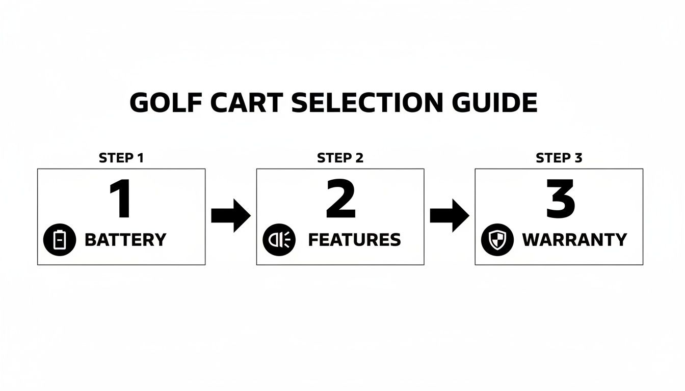 A golf cart selection guide showing three steps: Battery, Features, and Warranty.