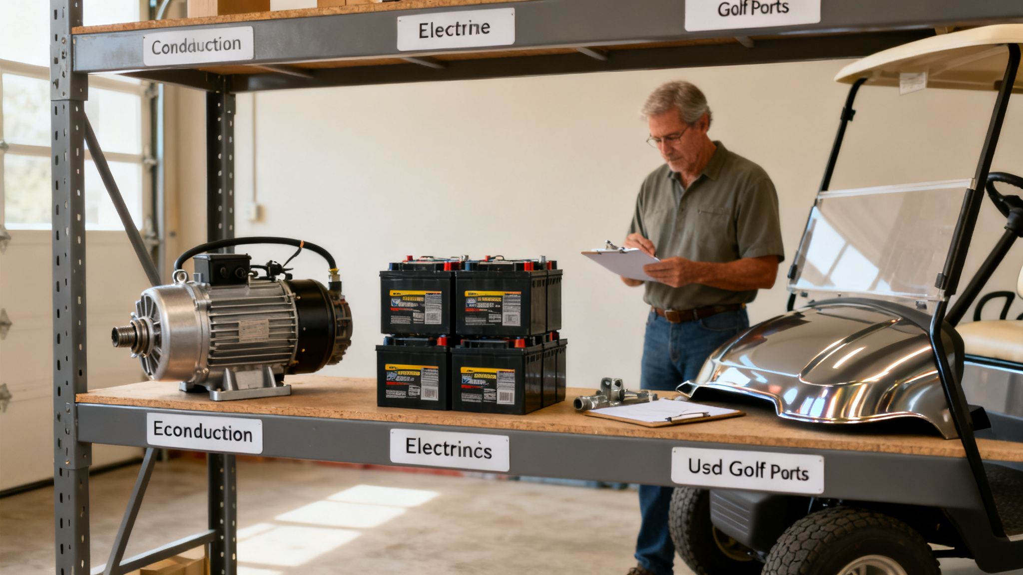 A man inspects golf cart parts like motors and batteries on shelves in a warehouse.