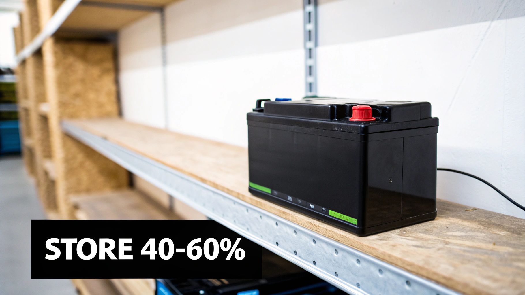 A black car battery with red and blue terminals on a wooden shelf in a warehouse.