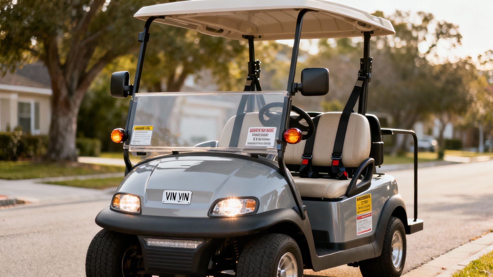 A grey golf cart with illuminated headlights and turn signals on a sunny residential street.