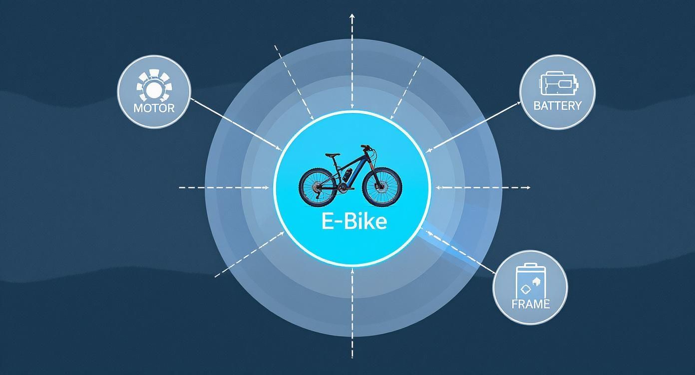 A diagram illustrating an E-Bike at the center with radiating lines pointing to its key components: Motor, Battery, and Frame.