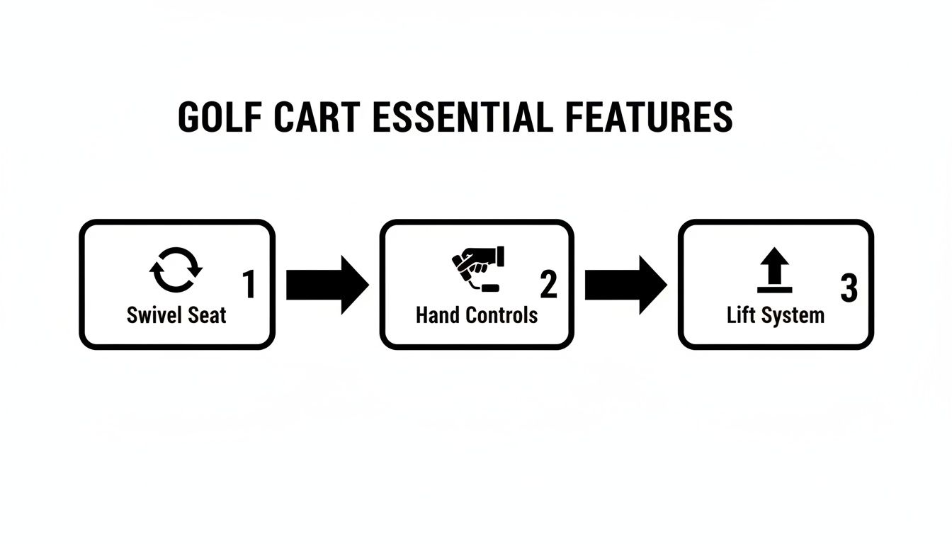 Diagram showing three essential features for a golf cart: swivel seat, hand controls, and lift system.