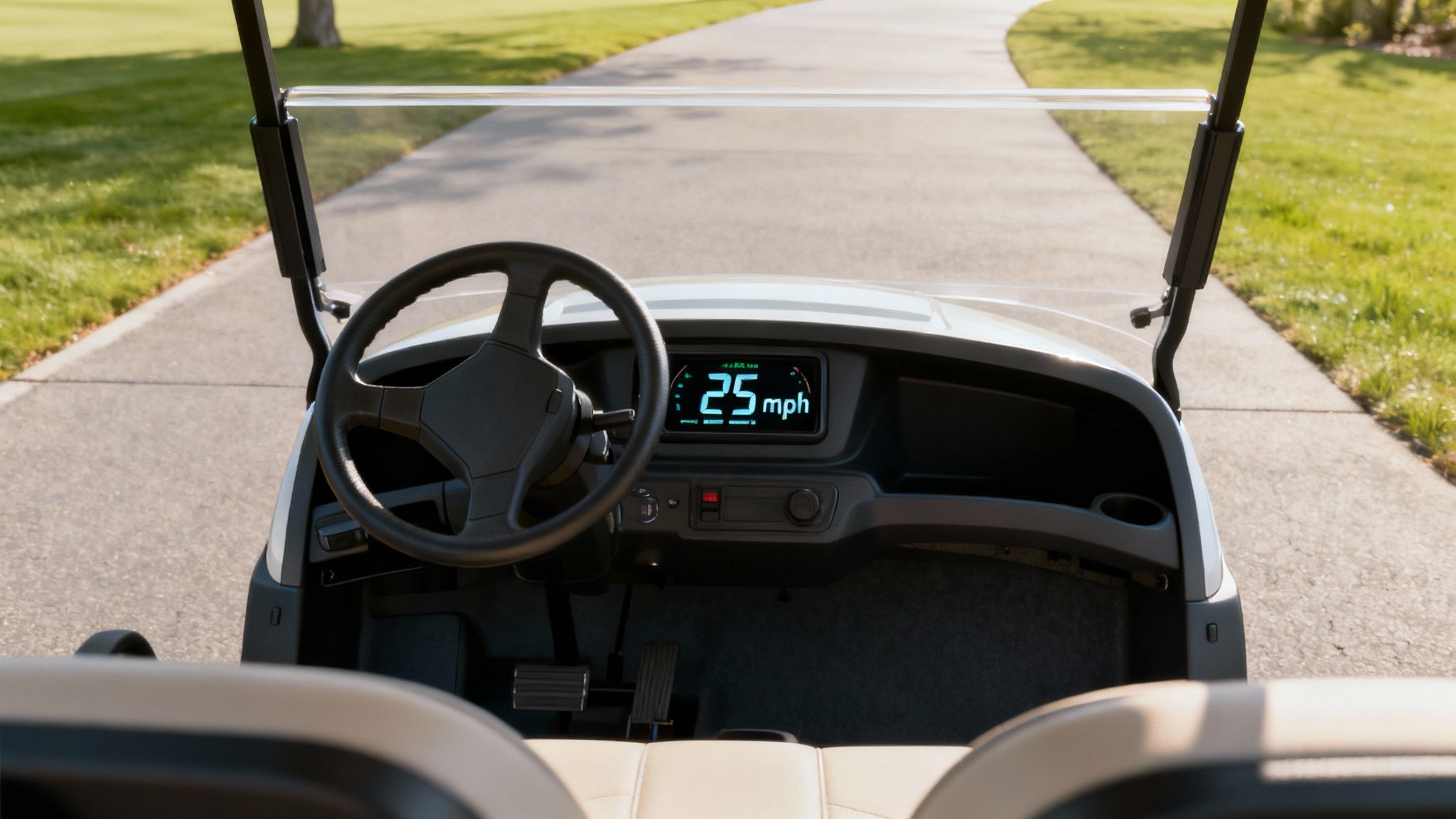 A person driving a Solana EV golf cart on a paved road.