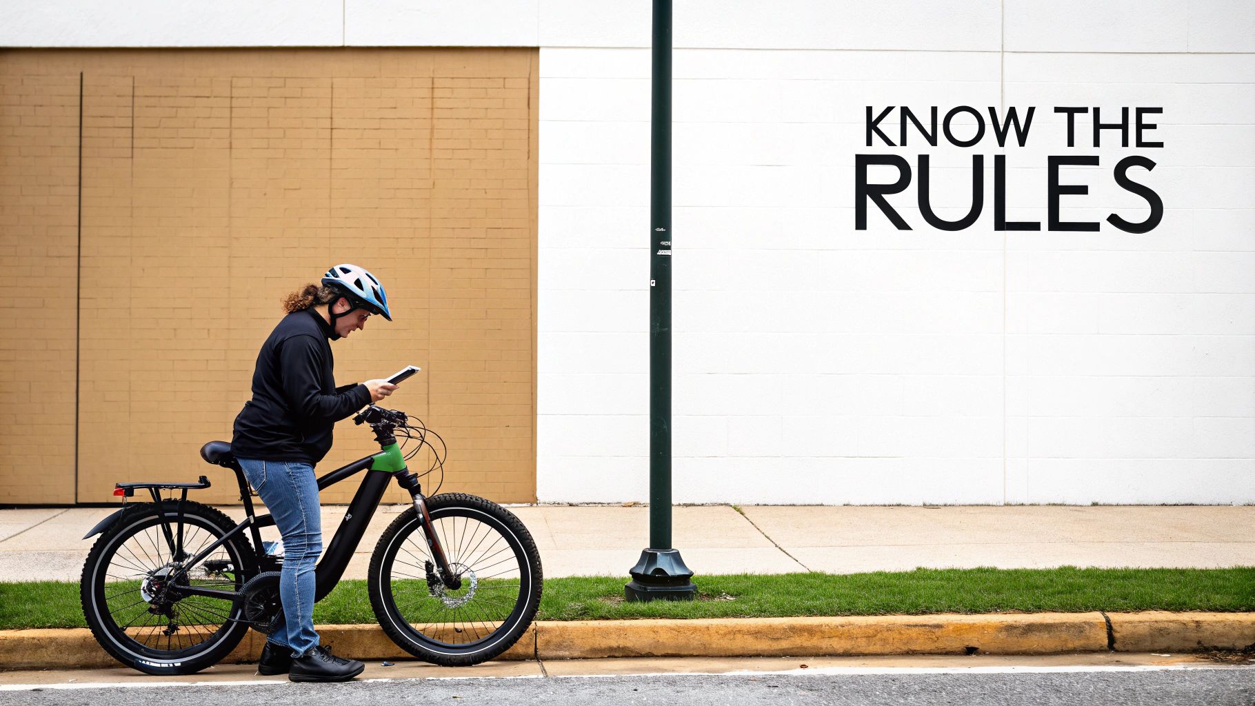 A person in a helmet on an electric bike looks at their phone, with "KNOW THE RULES" on a wall.