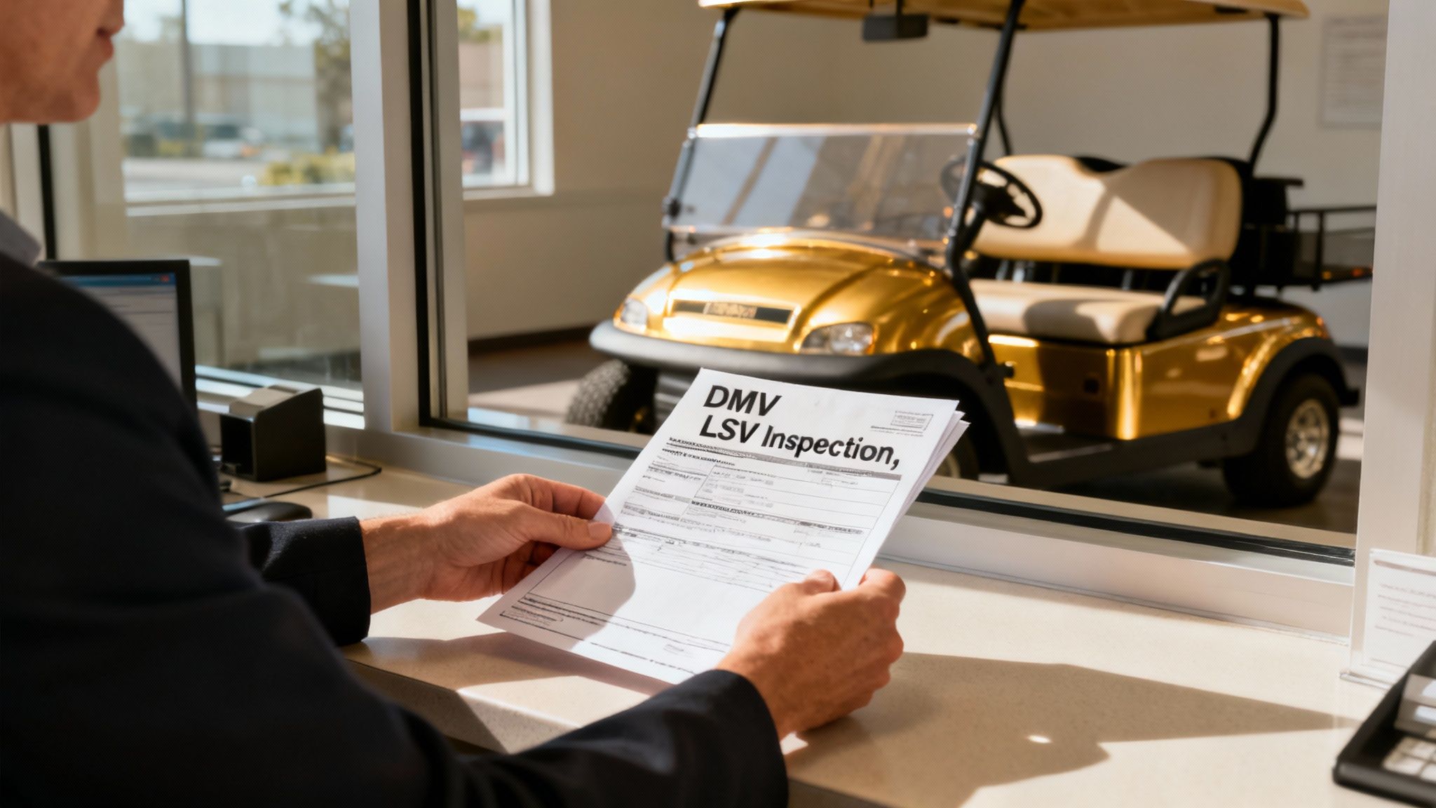 A person at a DMV counter handling paperwork for a vehicle title.