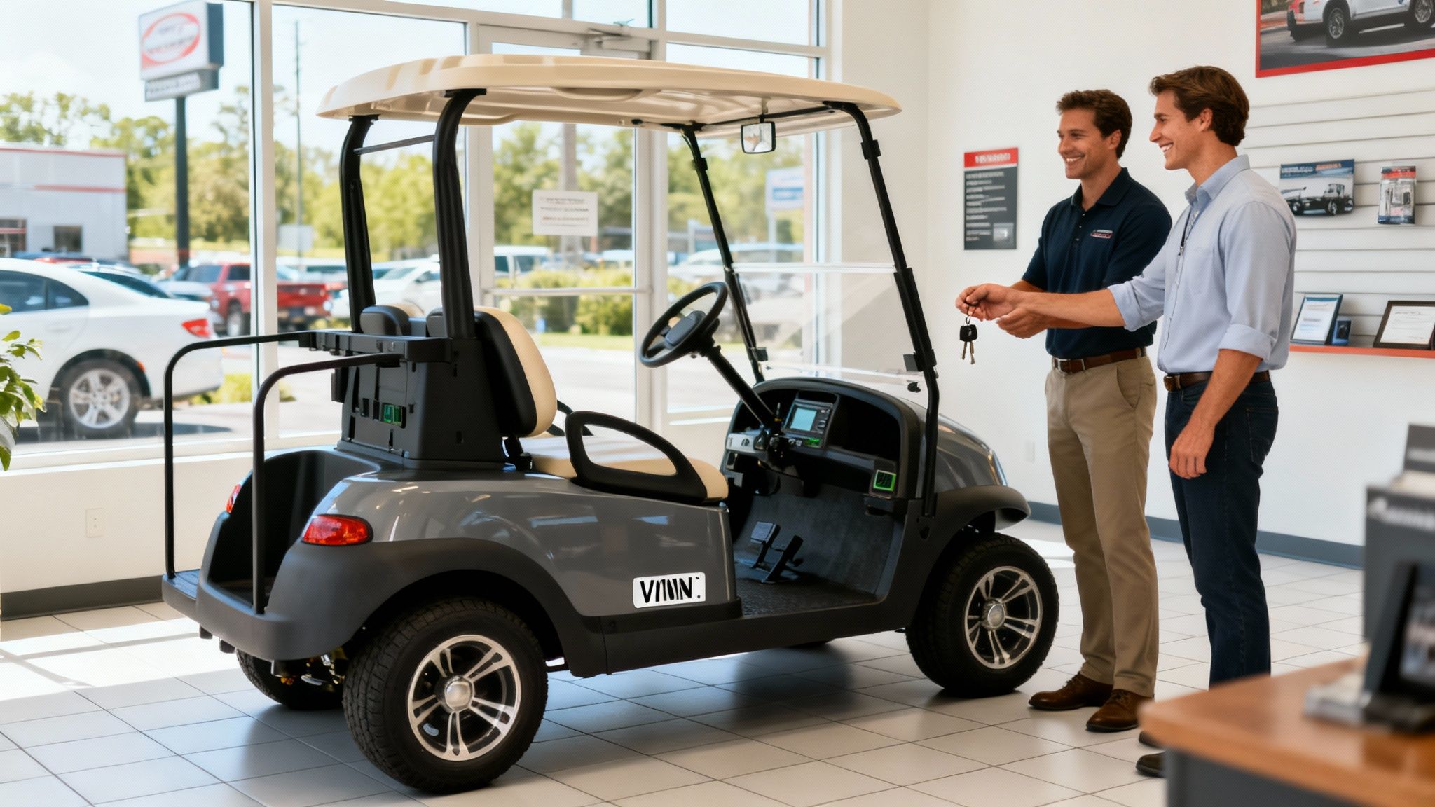 Two smiling men exchanging keys next to a new grey electric golf cart in a bright showroom.