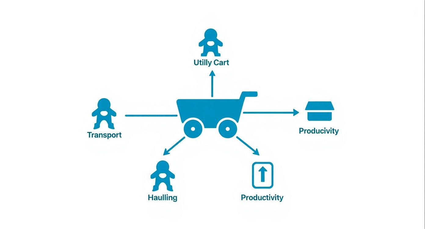 Infographic showing a utility cart as the central element connecting to different benefits like transport, hauling, and productivity.