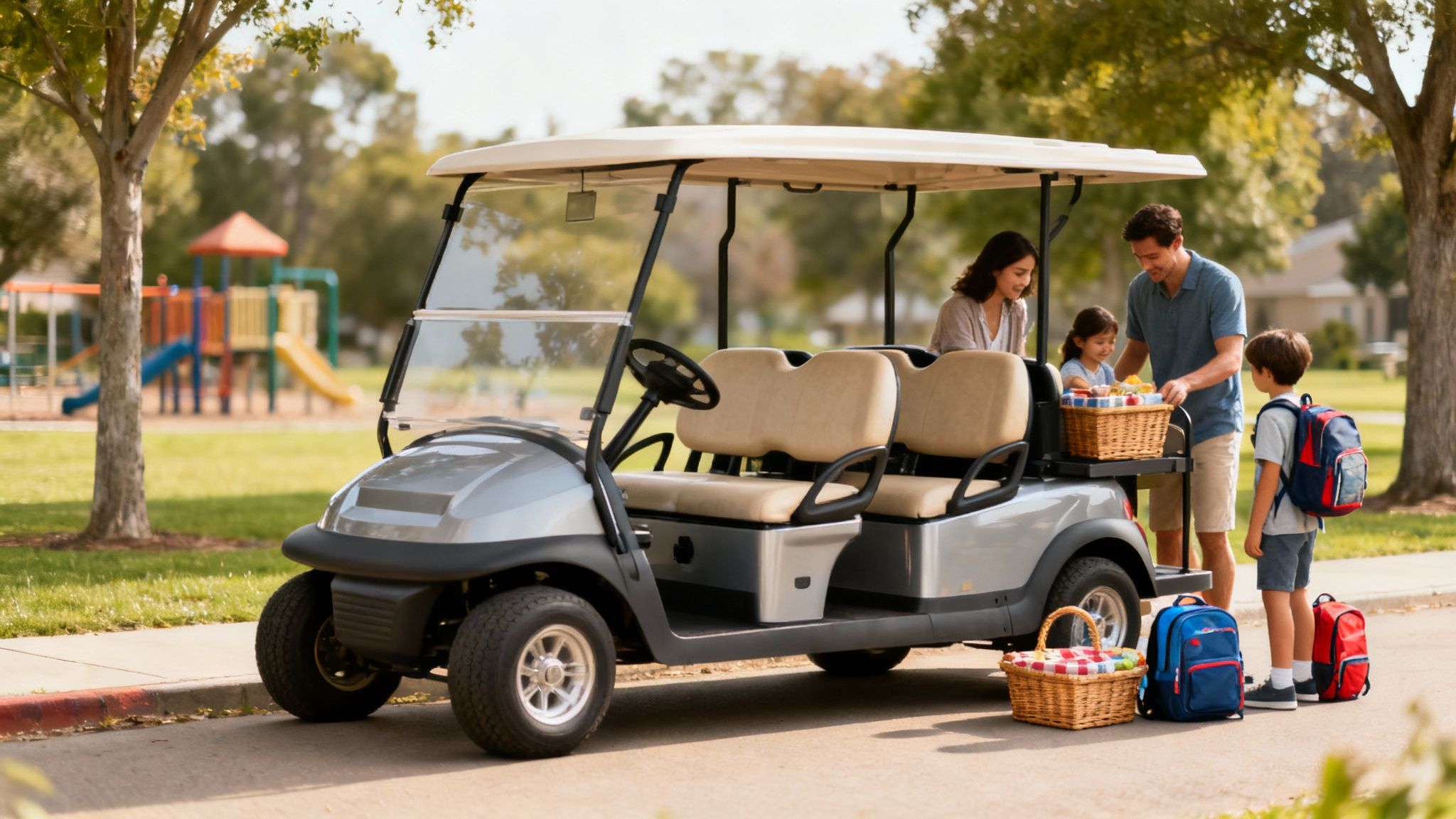 A happy family with two children packing a grey 6-seater golf cart with picnic baskets near a park playground.