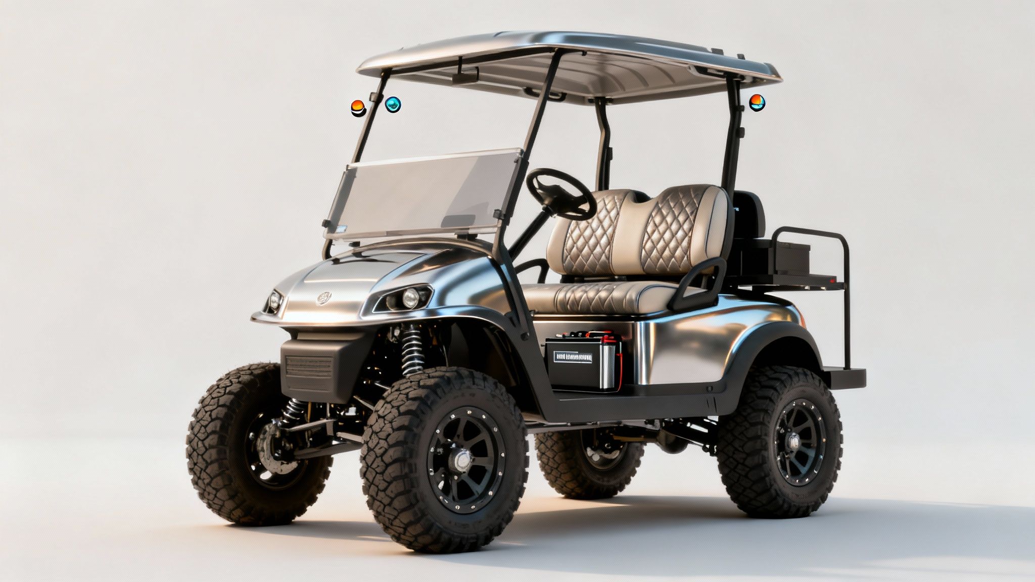 A modern, street-legal golf cart parked on a residential street.