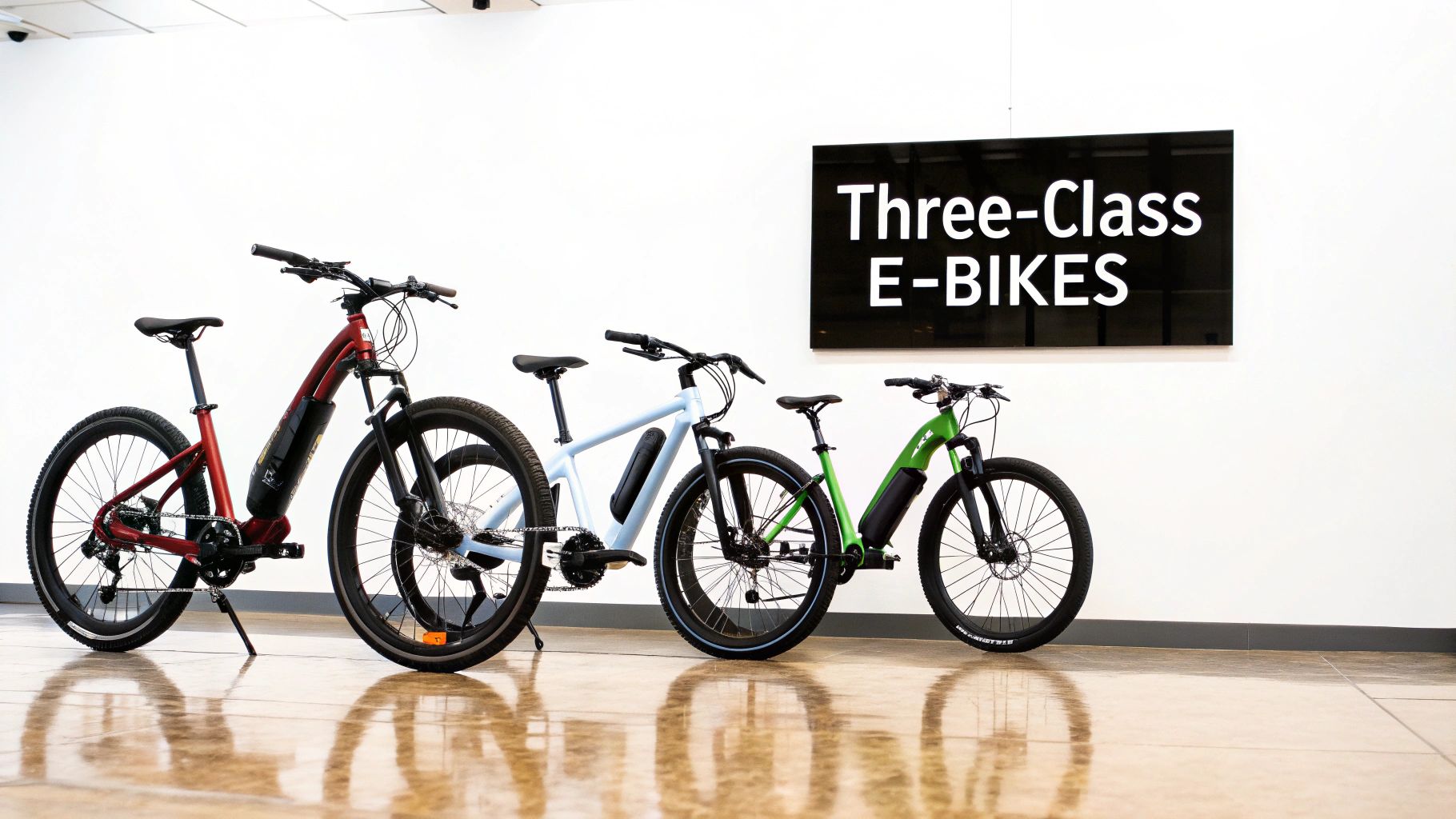 Three electric bikes (e-bikes) of varying sizes and colors displayed under a 'Three-Class E-BIKES' sign.