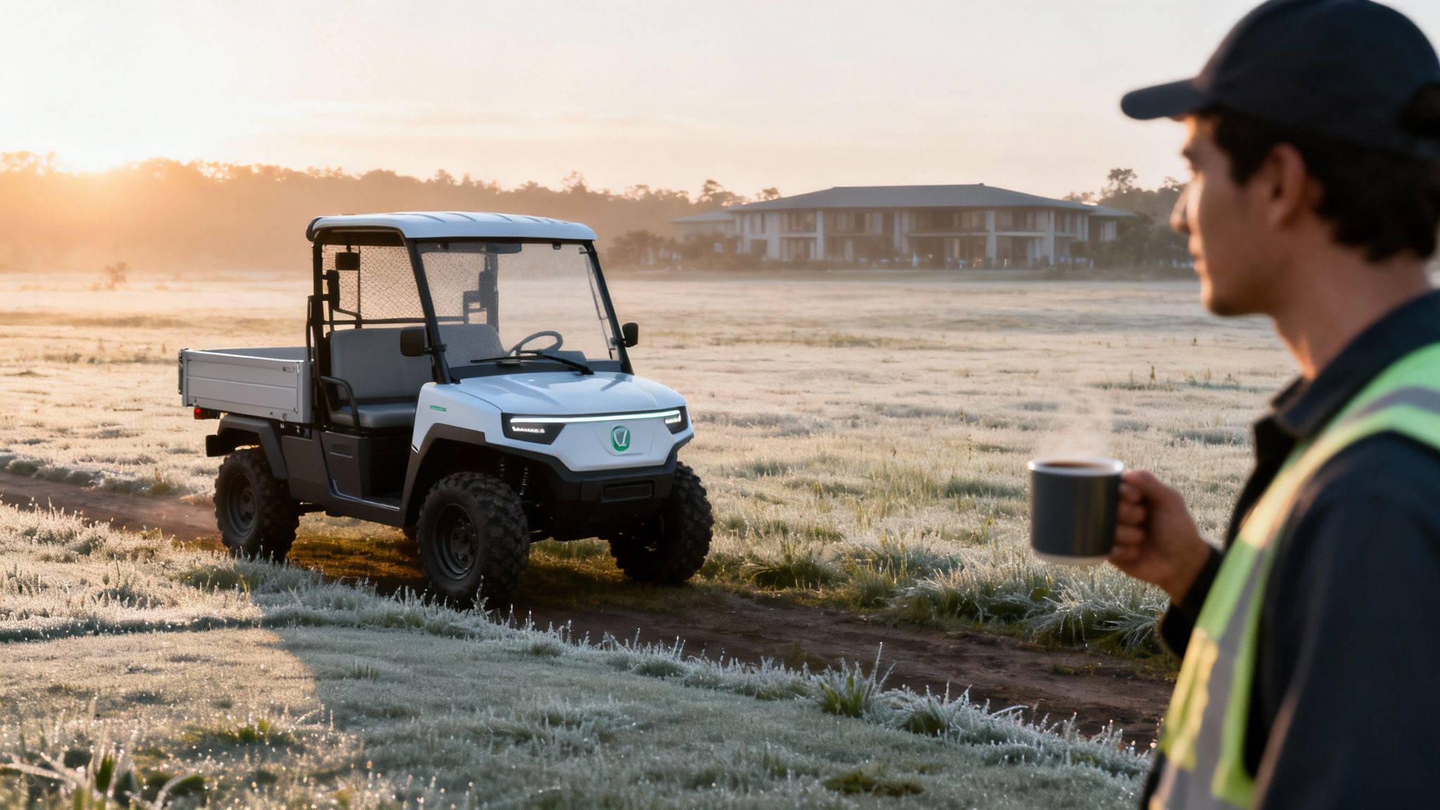 Man with steaming coffee mug watches an off-road electric utility vehicle in a frosty field at sunrise.