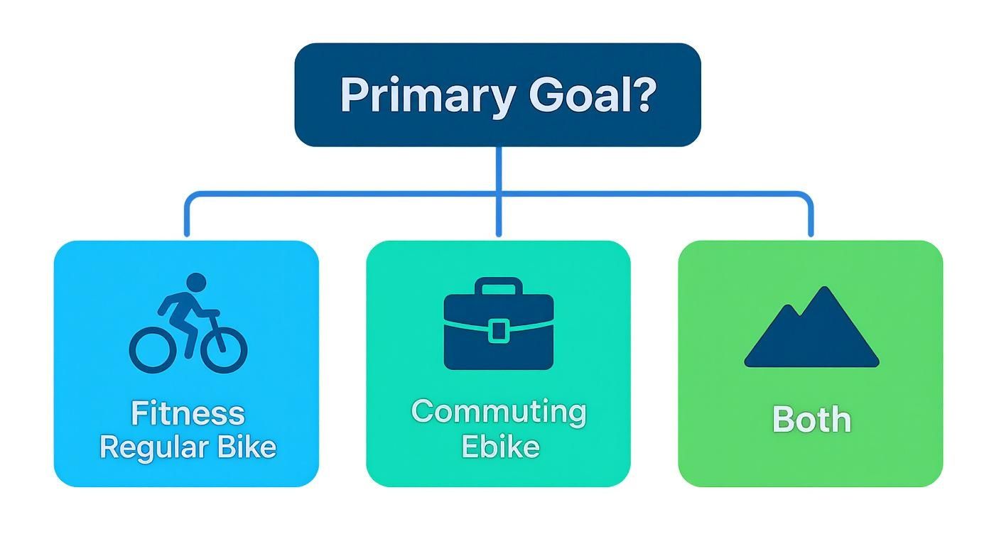 Infographic decision tree asking 'Primary Goal?' with paths for Fitness leading to Regular Bike, Commuting to Ebike, and Recreation to Both.